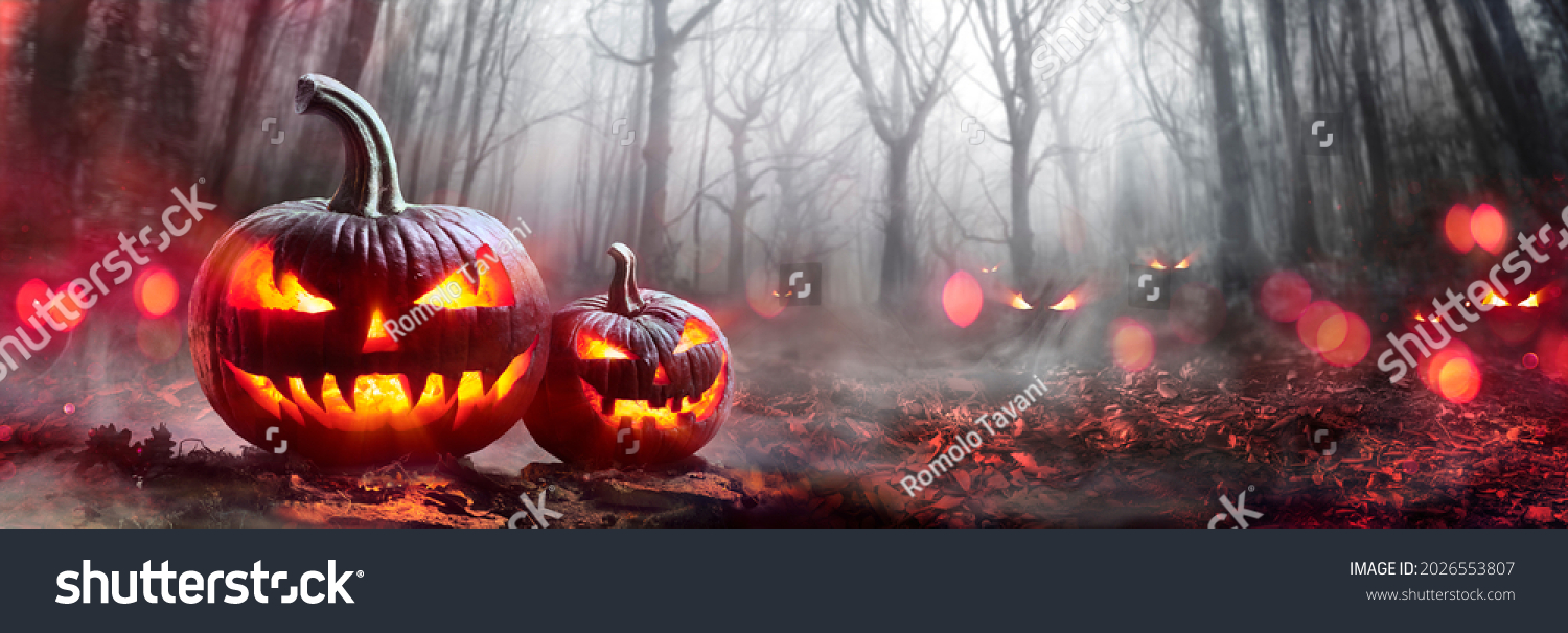 Halloween Pumpkins In A Spooky Forest At Night With Evil Eyes #2026553807