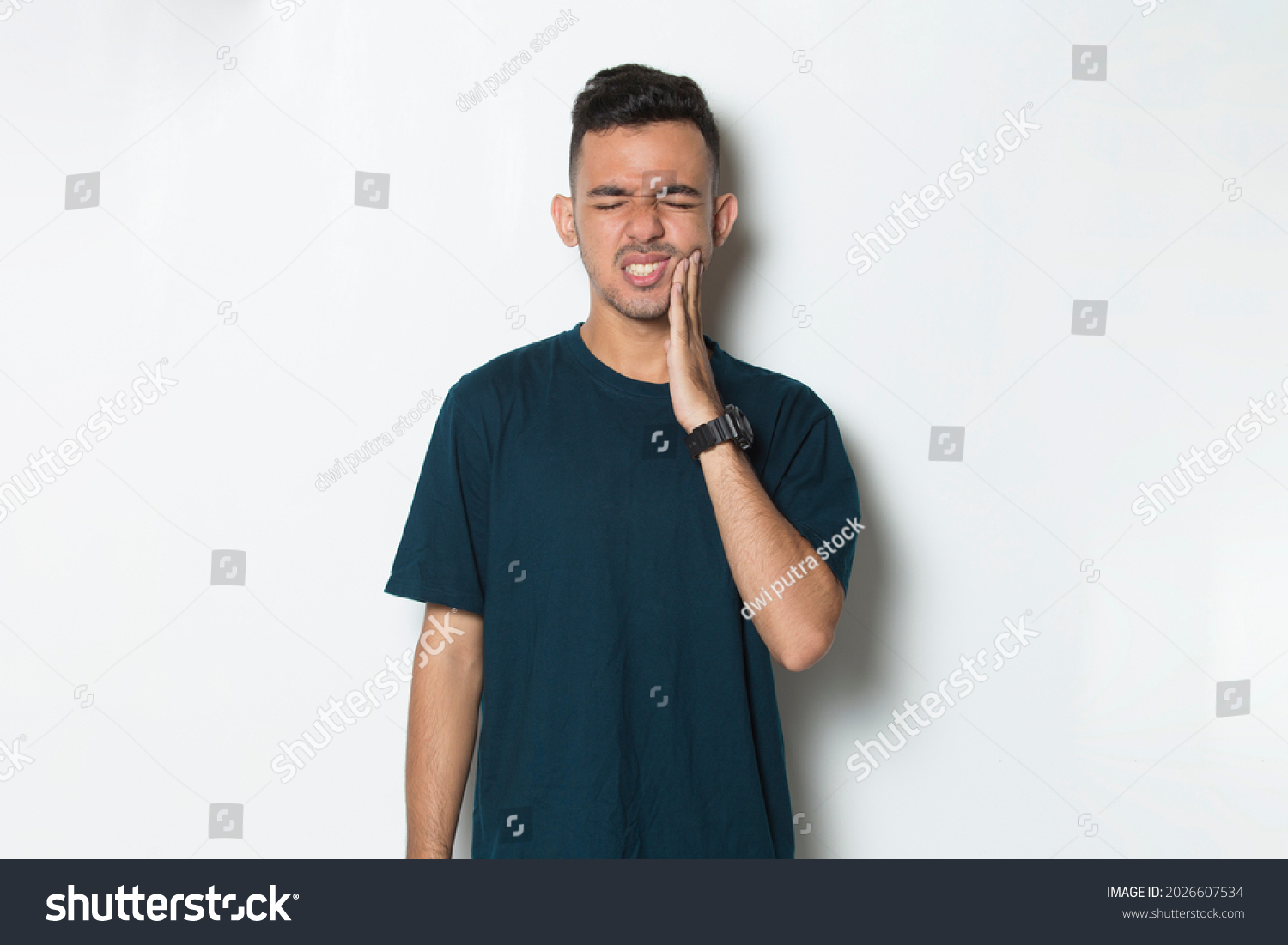 man with toothache; portrait of man suffering from toothache pain, tooth decay, tooth sensitivity; oral health care, dental care concept on white background
 #2026607534