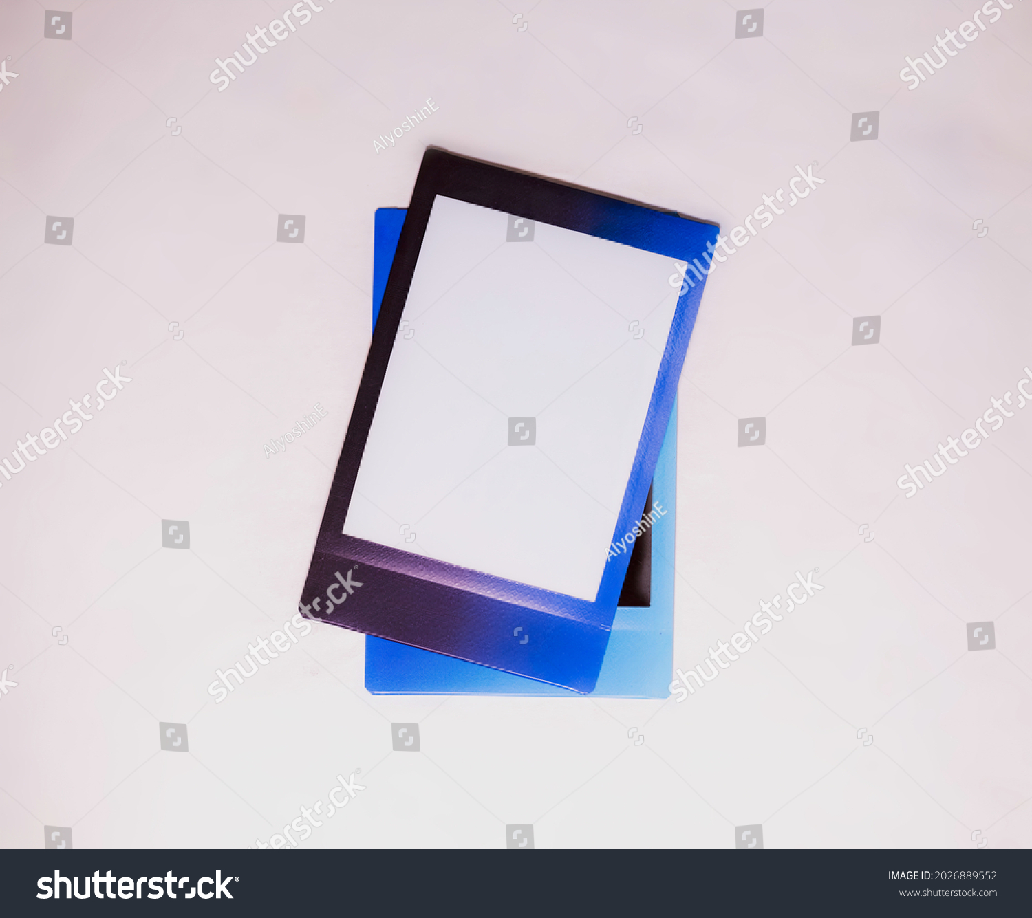 Frame with blue and purple border on white background. Two blank photo frames on white background as template. Photo cards with space for your logo or text.  #2026889552
