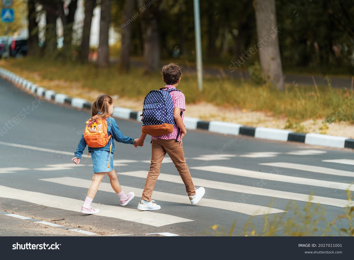 girl and boy with backpacks carefully cross road on pedestrian crossing on their way to school. Traffic rules. Walking path along zebra in city. concept of pedestrians crossing pedestrian crossing. #2027011001