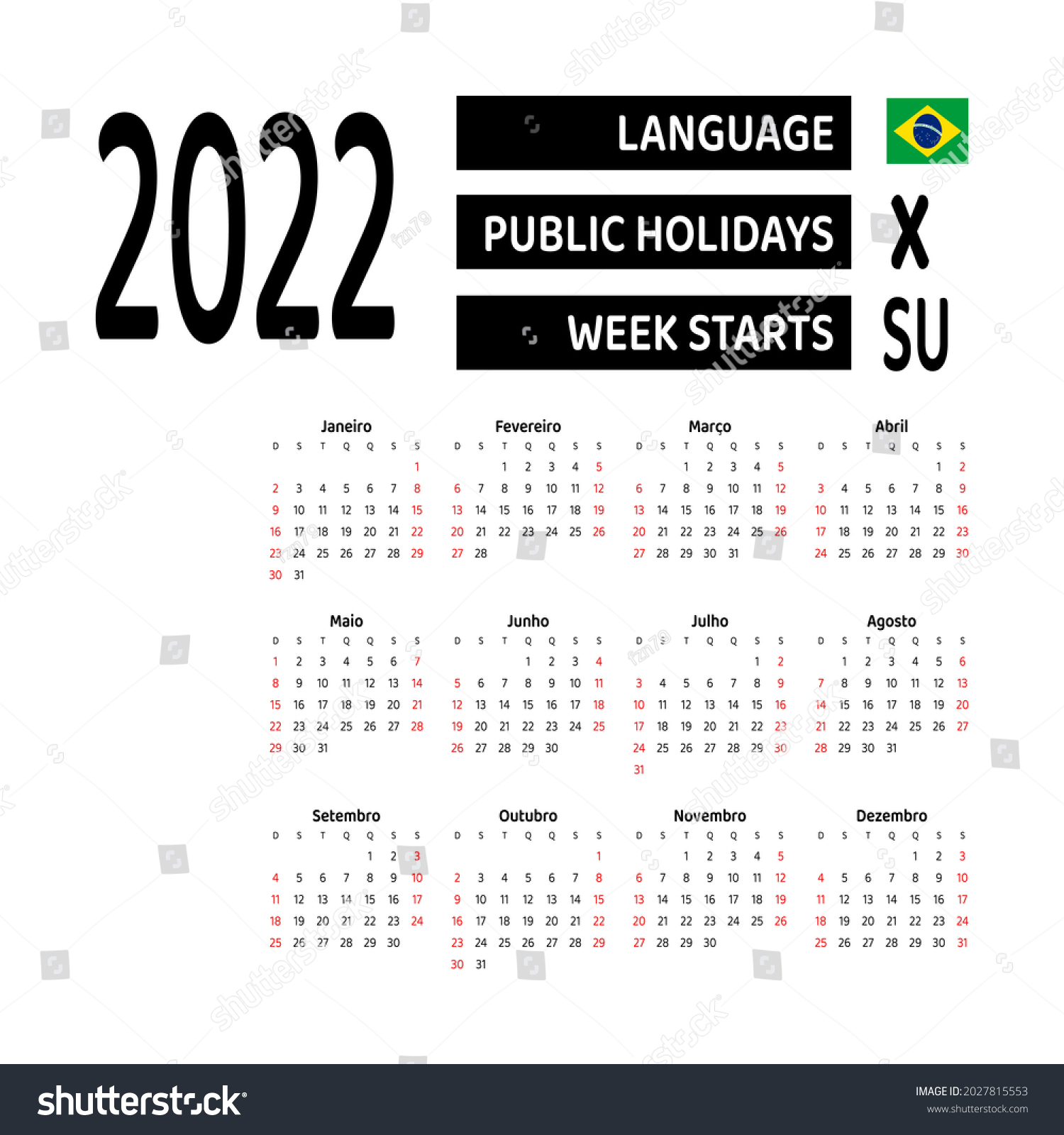 Brazil 2022 calendar illustration vector graphic - Royalty Free Stock ...