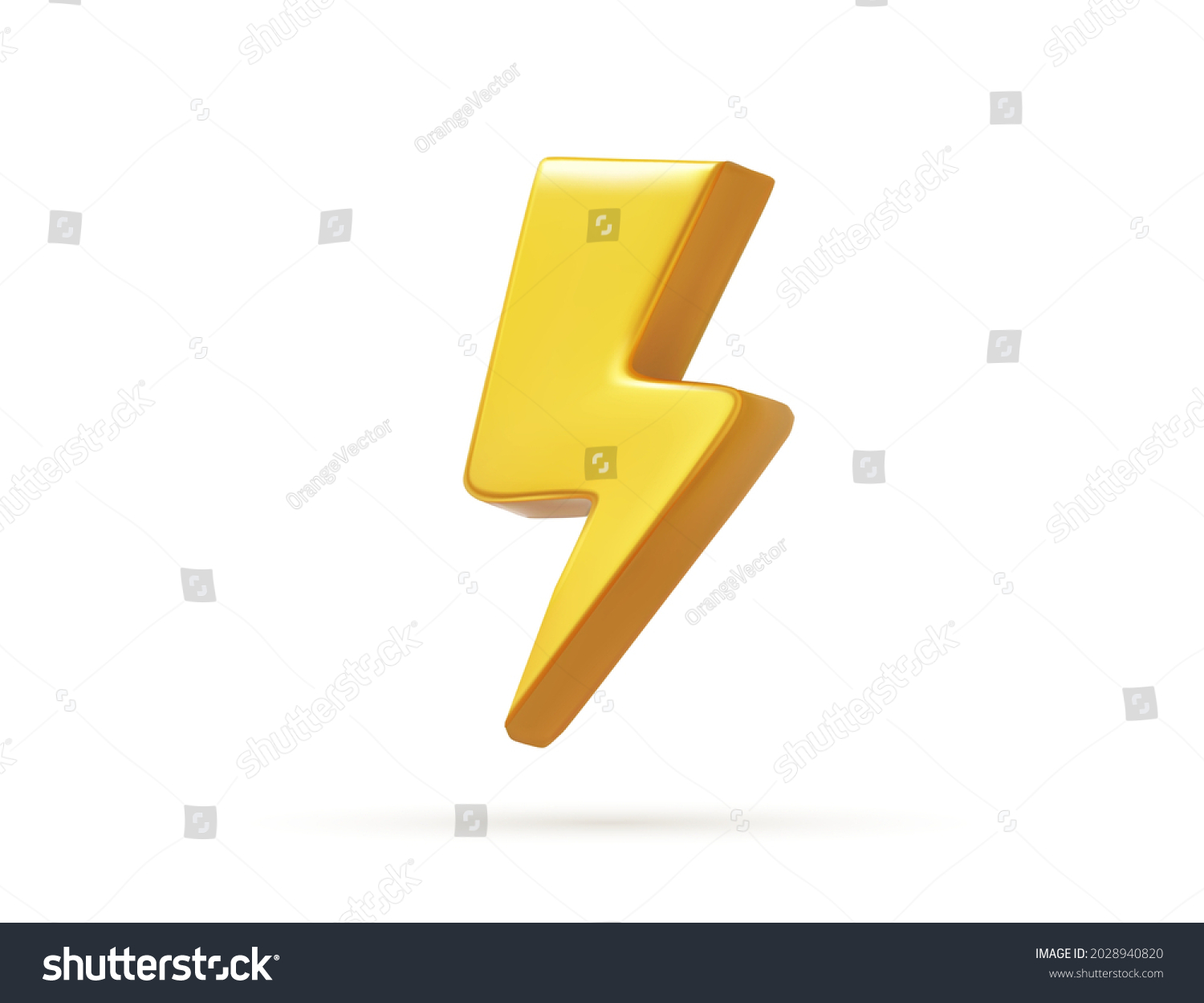 Vector bolt lighting yellow 3d icon. Realistic thunder, symbol of energy, danger and power. Thunderbolt electric emblem. #2028940820