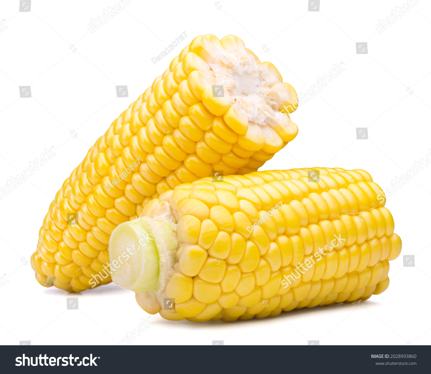 Two halves of ripe sweet corn isolated on white background. Fresh vegetable ingredients. #2028993860