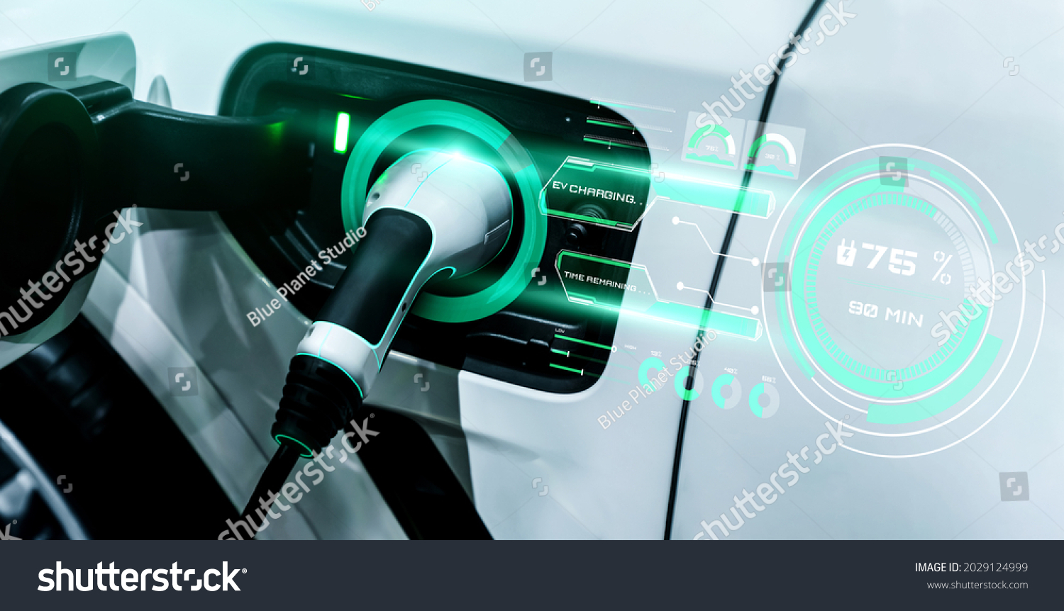 EV charging station for electric car in concept of alternative green energy produced from sustainable resources to supply to charger station in order to reduce CO2 emission . #2029124999