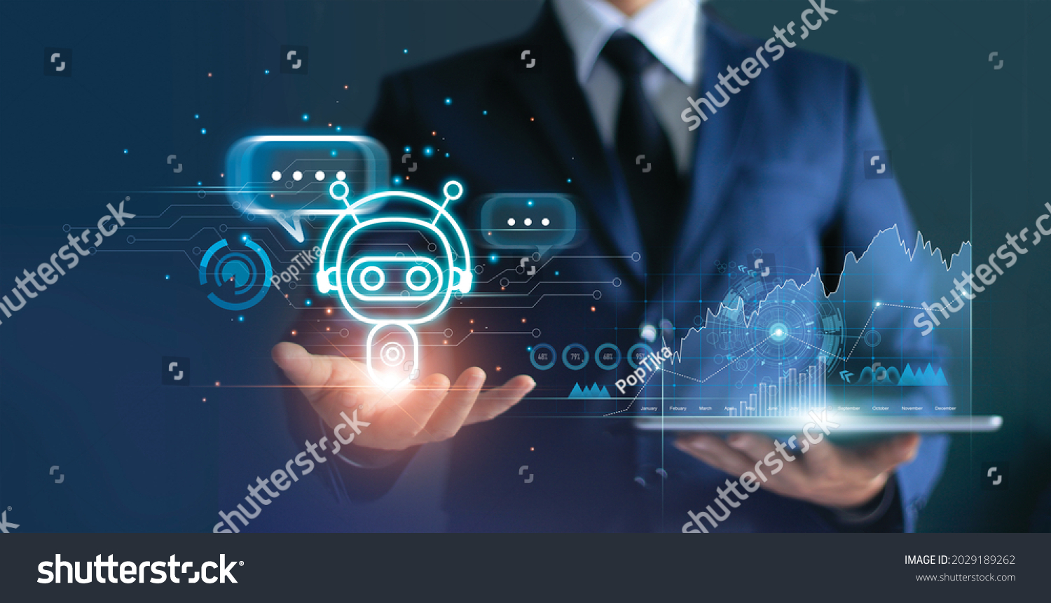 
Businessman holding digital chatbot are assistant conversation for provide access to data growth of business in online network, Robot application and global connection, AI, Artificial intelligence. #2029189262