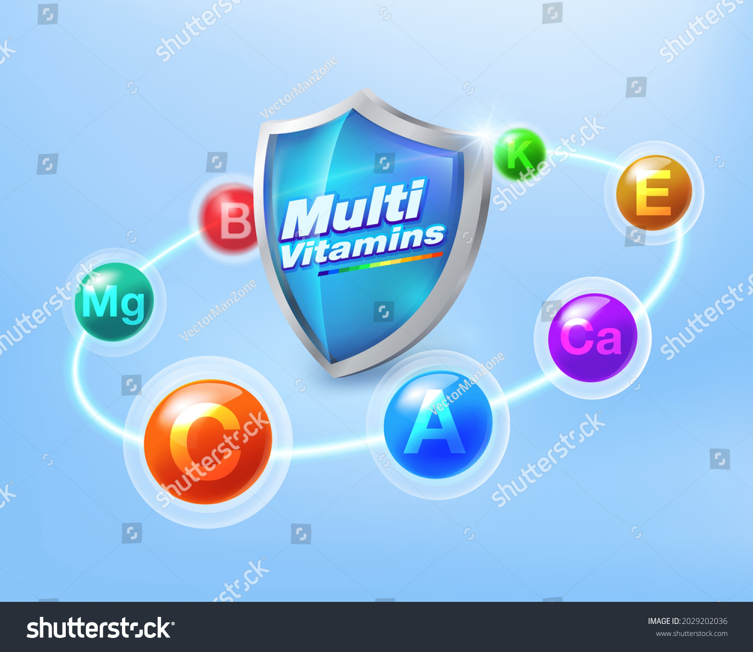 Multivitamin inspiration Protect the body and stay healthy, vitamins shield icon concept. #2029202036