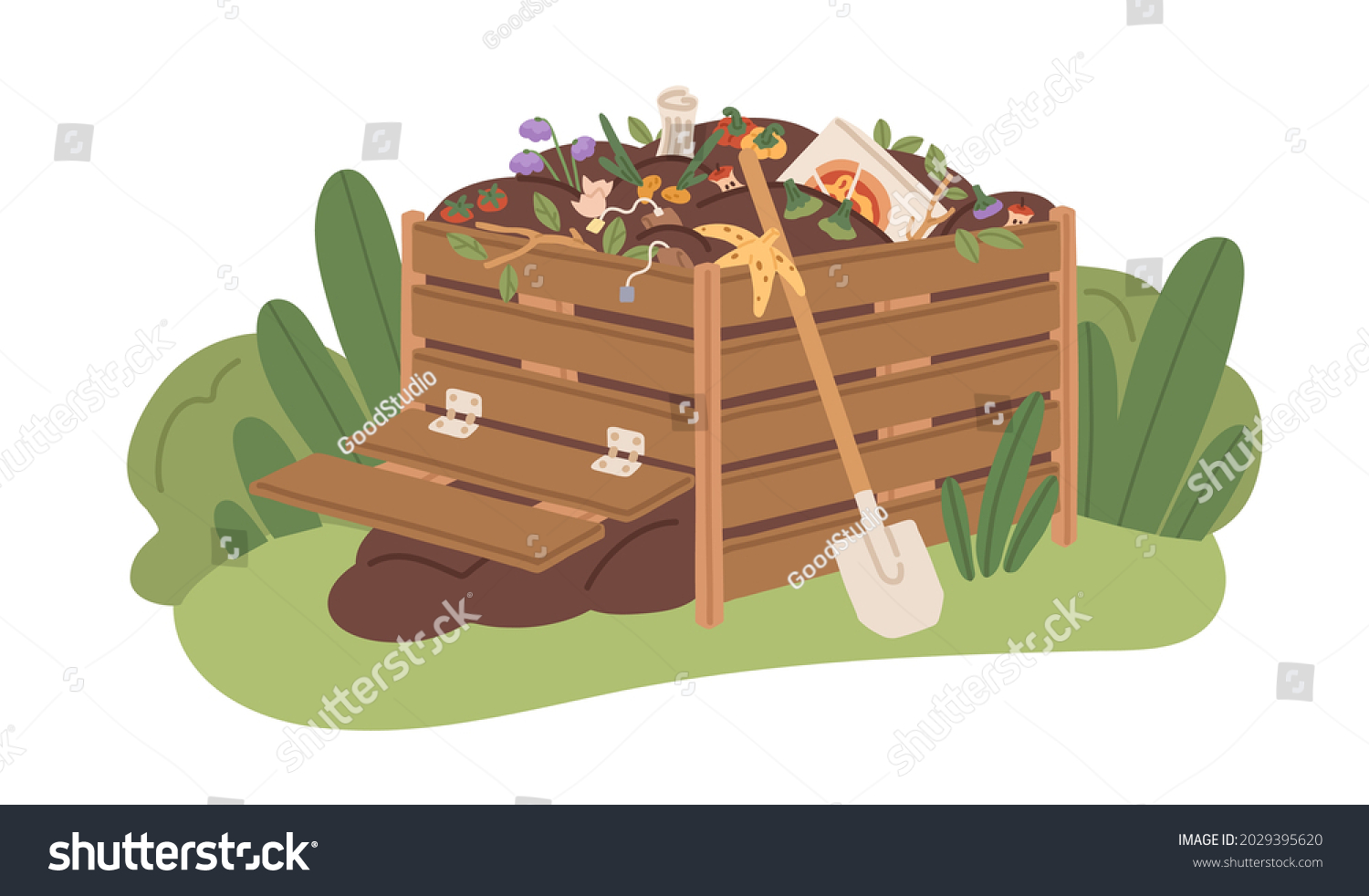 Compost box full of organic bio waste. Pile of natural fertilizer for agriculture. Decomposition and composting of biodegradable garbage. Flat vector illustration of humus isolated on white background #2029395620