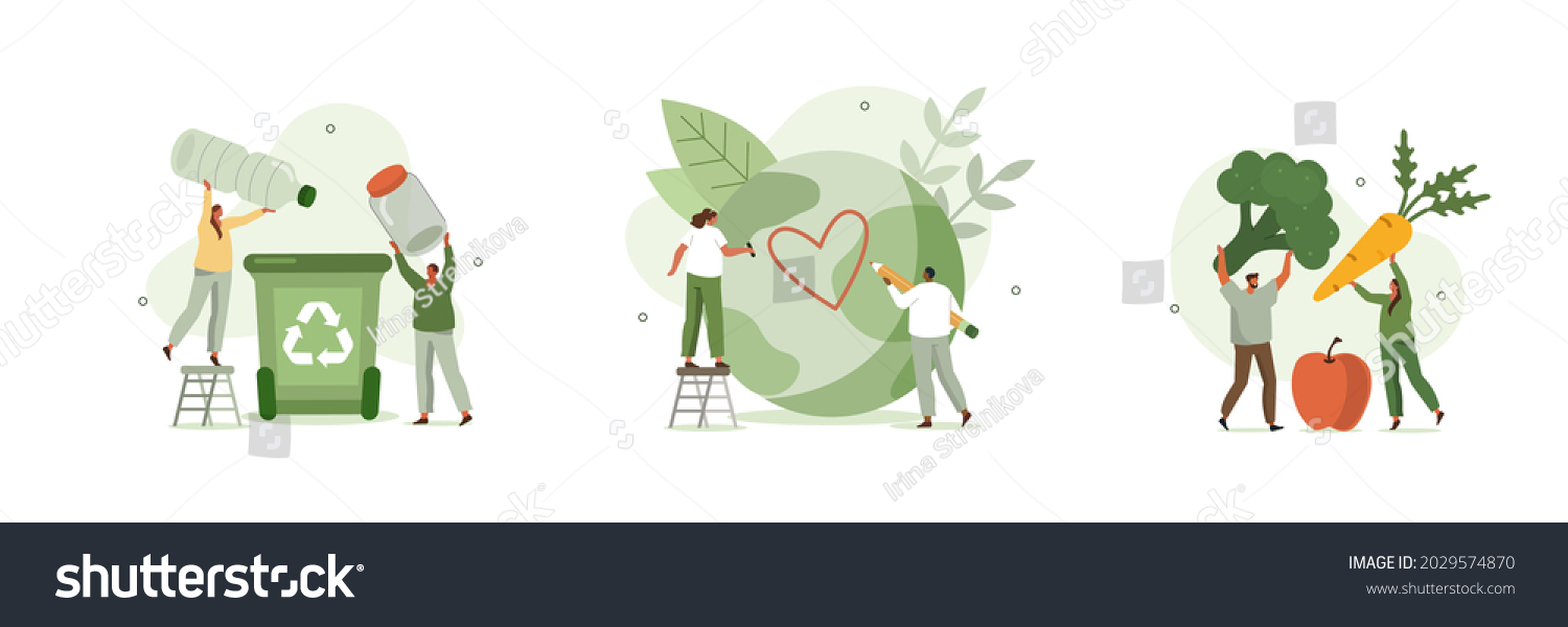 
Sustainable lifestyle set. People collecting plastic trash into recycling garbage bin, trying to save planet earth and following vegan diet. Flat cartoon vector illustration and icons set. #2029574870