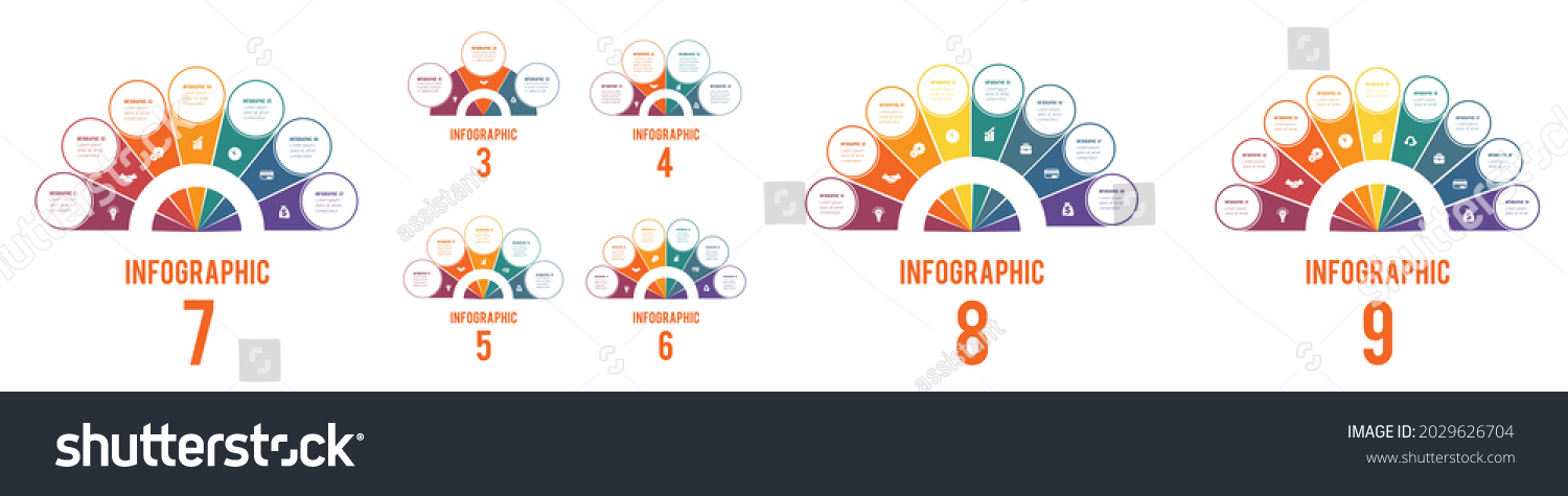 Colorful semicircle and circles for 3,4,5,6,7,8,9 Positions. Elements of Infographics Conceptual Cyclic Processes Possible to Use for Workflow, Banner, Diagram, Web design, Timeline, Area chart #2029626704