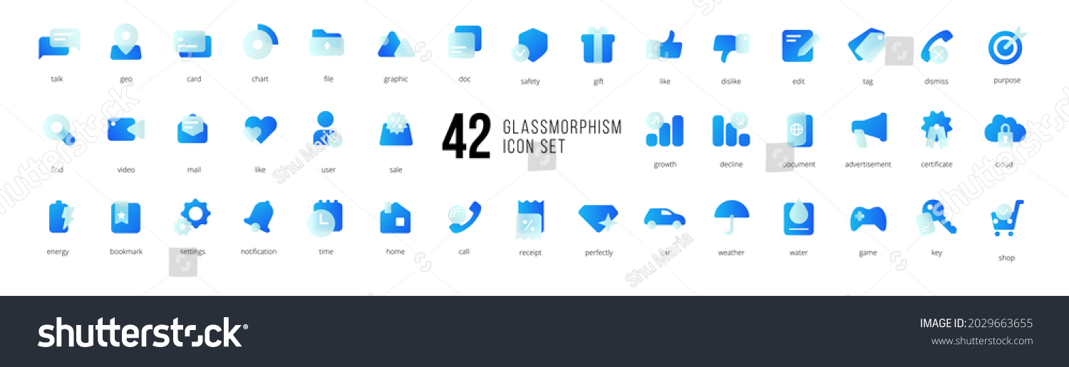 A set of blue vector icons of modern trend in the style of glass morphism with gradient, blur and transparency. The collection includes 42 icons in a single style of business, finance, UX UI #2029663655