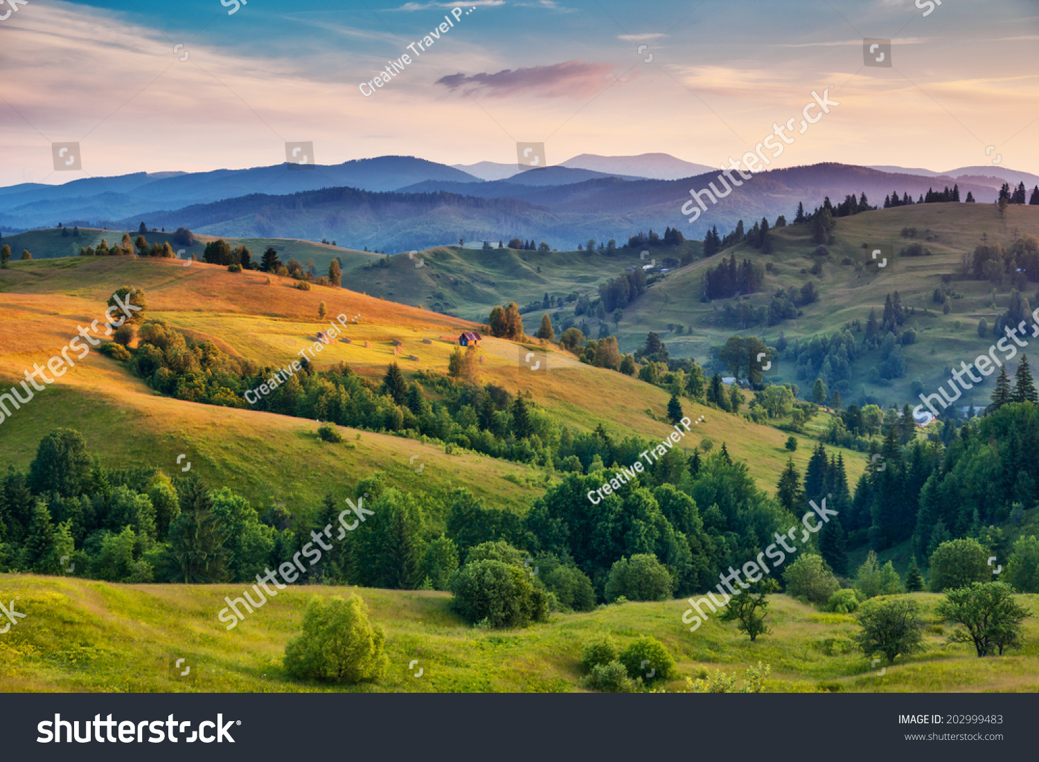 Beautiful green hills at dusk. Carpathian, Ukraine, Europe. Beauty world. #202999483