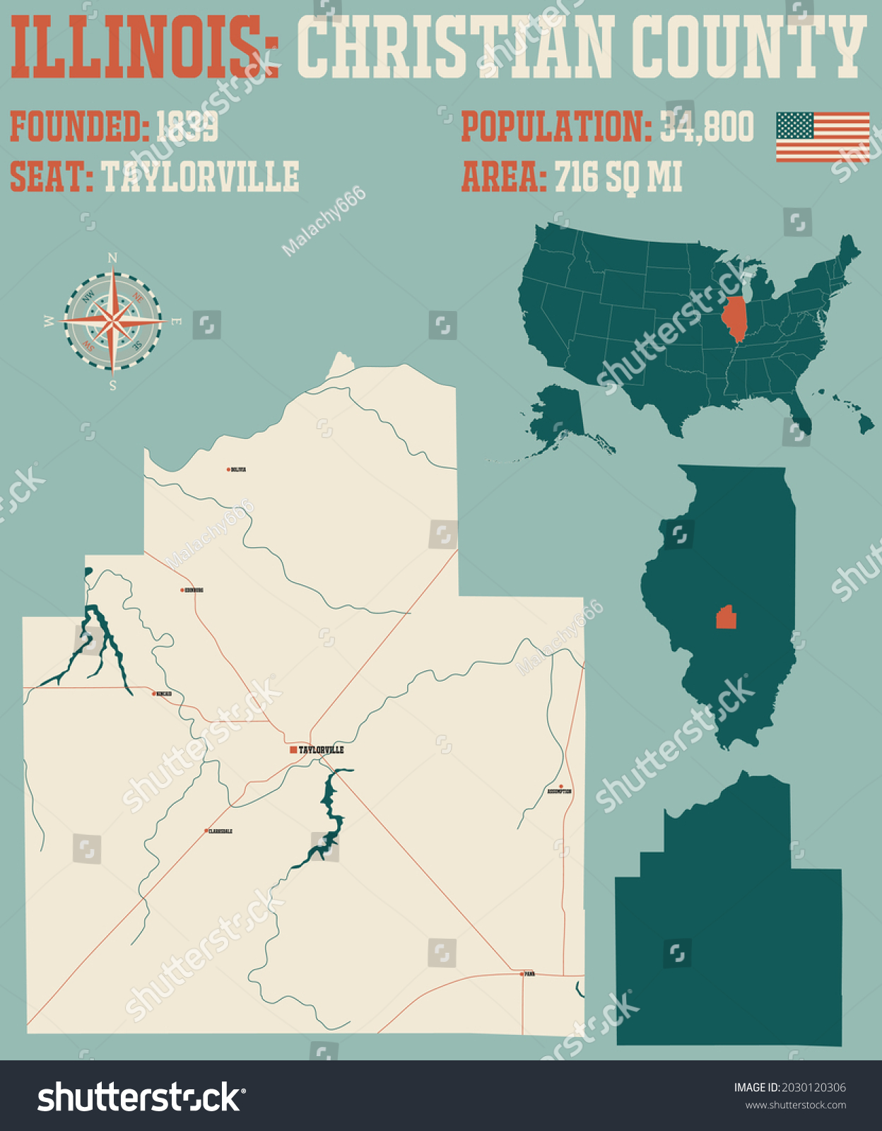 Large And Detailed Map Of Christian County In - Royalty Free Stock 