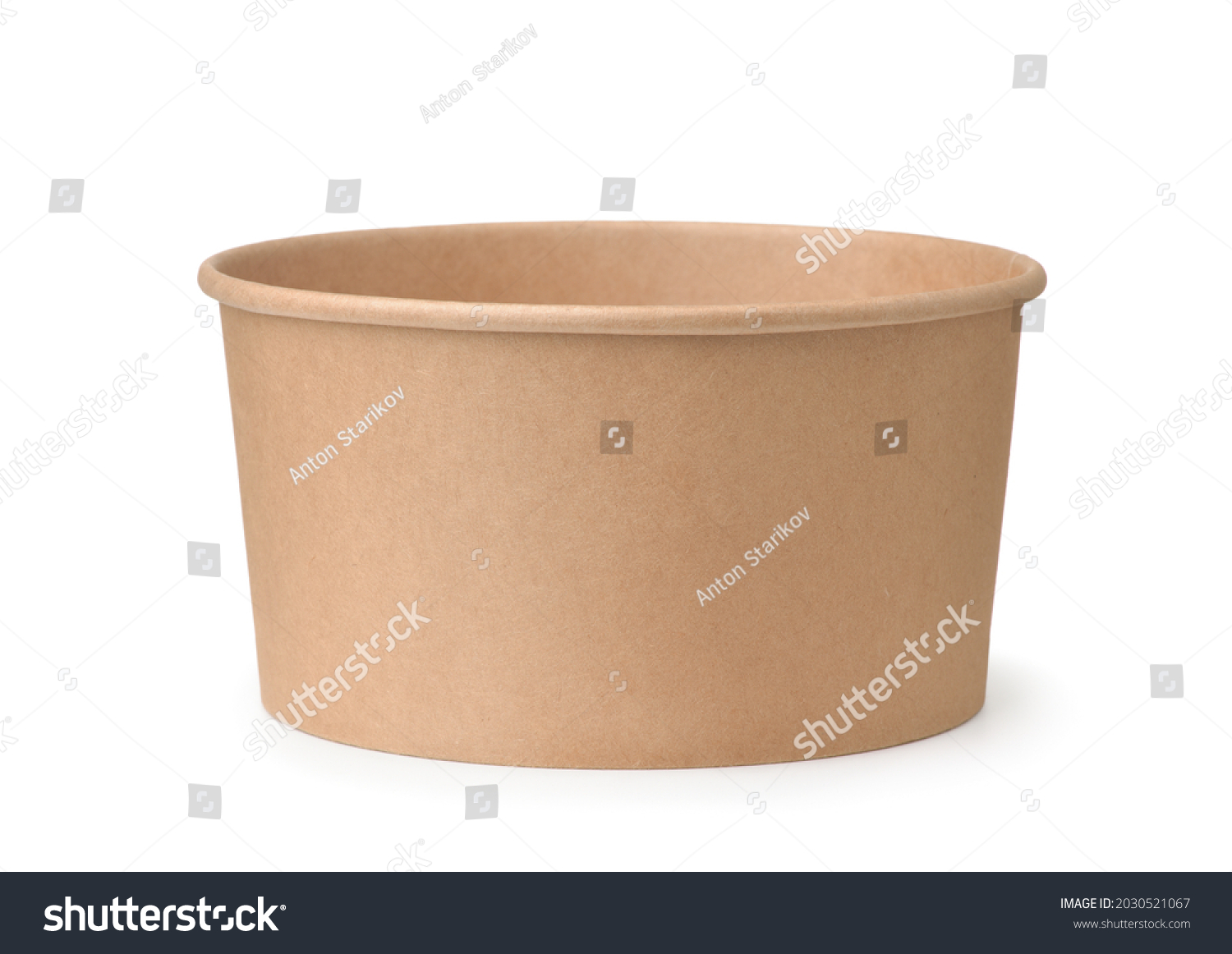 Front view of empty brown disposable paper bucket isolated on white #2030521067