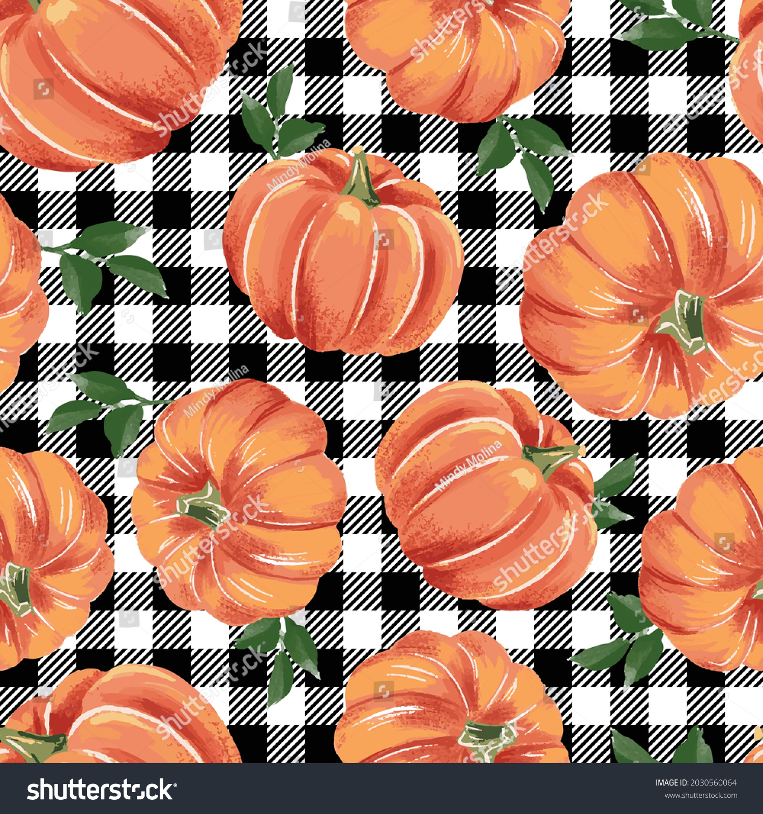 Autumn pumpkins with black and white gingham pattern. Perfect for fall, Thanksgiving, Halloween, holidays, fabric, textile. Seamless repeat swatch. #2030560064