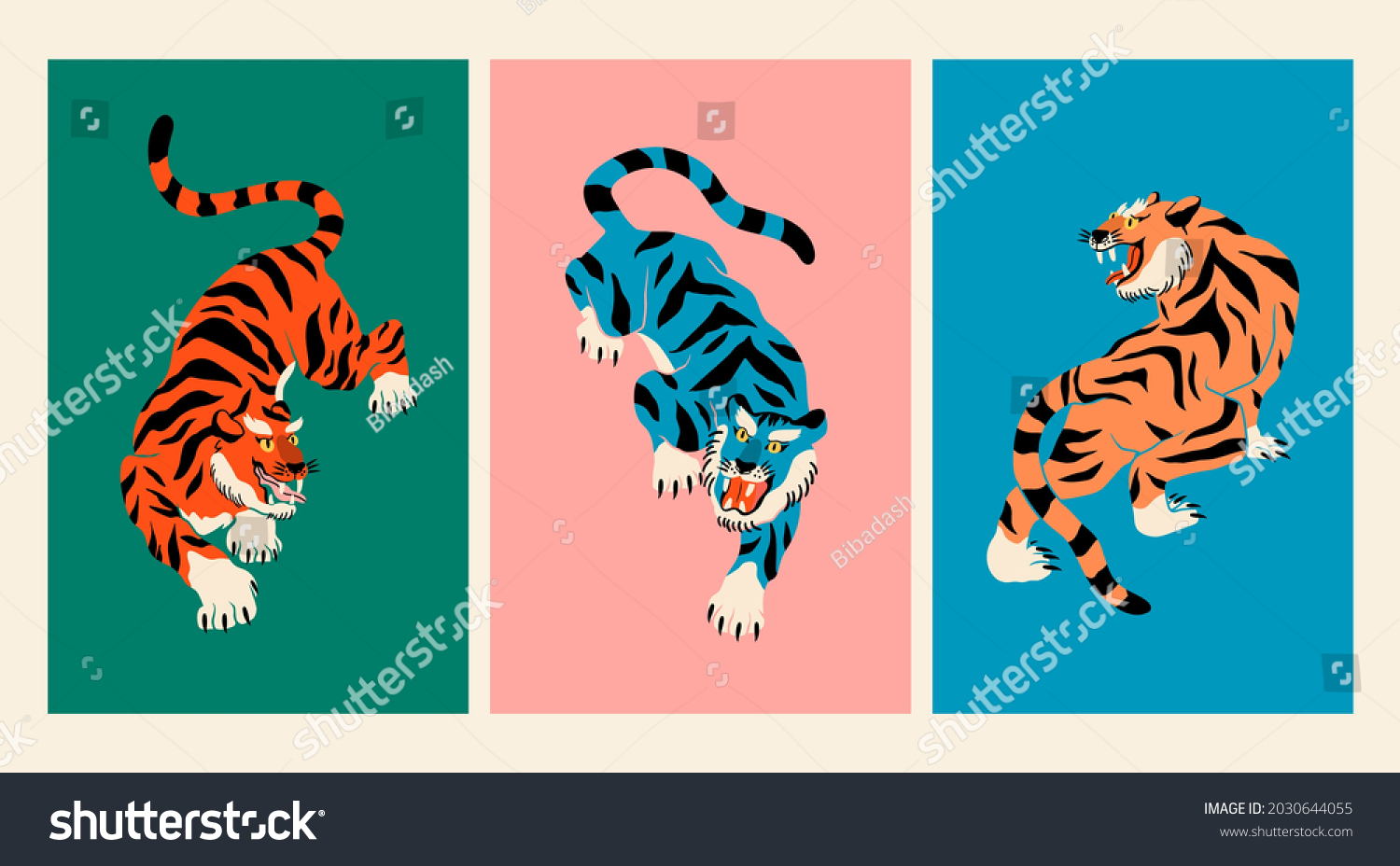 Abstract Tigers. Tiger walk. Japanese or Chinese oriental style. Set of three Hand drawn colored Vector illustrations. Print, logo, poster template, tattoo idea. Symbol of 2022 new year #2030644055