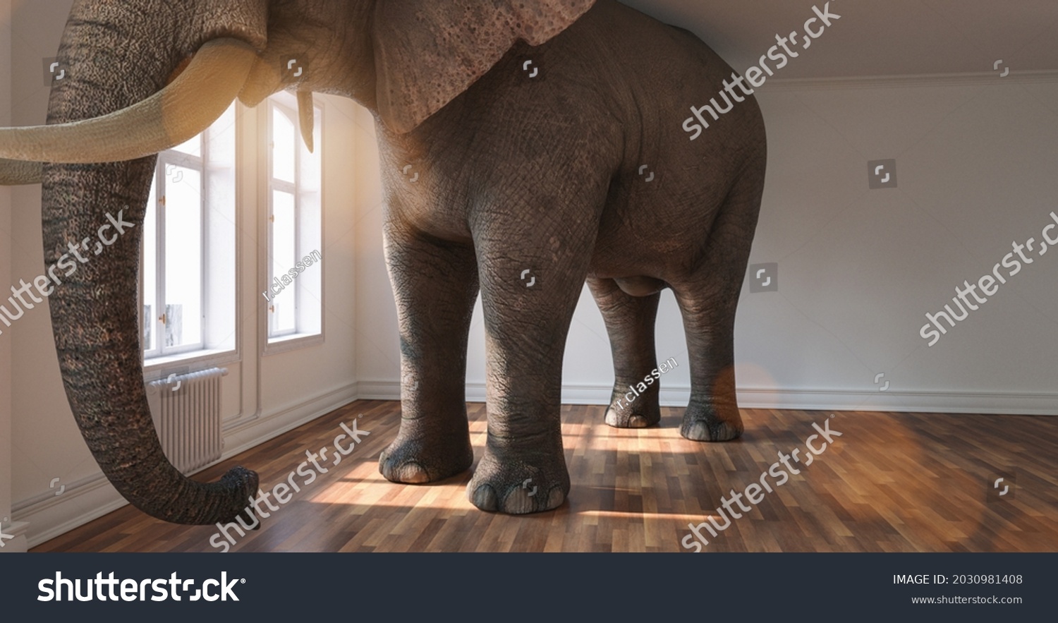 Big elephant calm in a apartment as a funny lack of space and pet concept image #2030981408