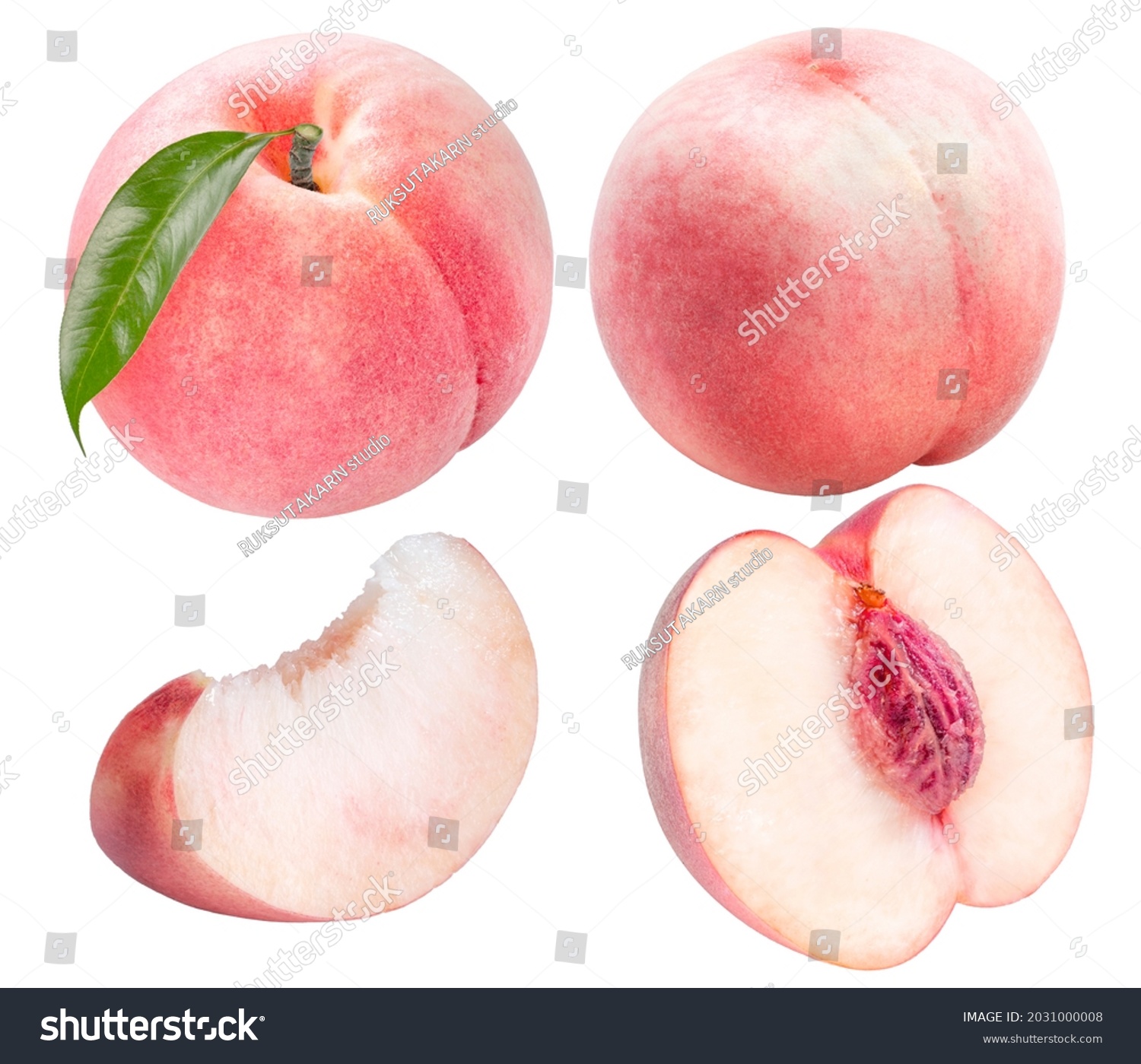 Collection of Pink Peach fruit with leaf isolated on white background, Fresh Peach on White Background With clipping path. #2031000008