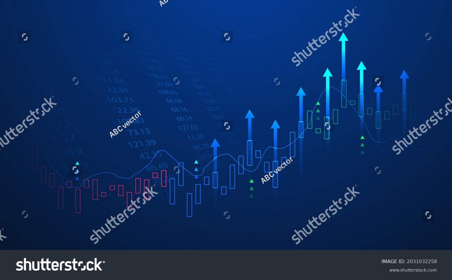 Business candle stick graph chart of stock market investment trading on blue background. Bullish point, up trend of graph. Economy vector design #2031032258