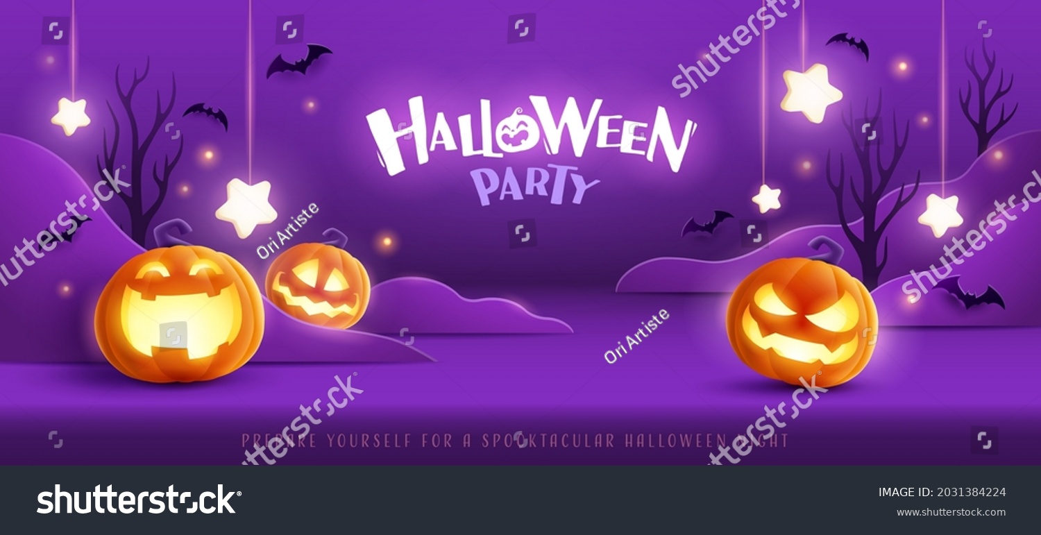 Happy Halloween. Group of 3D illustration glowing pumpkin on treat or trick fantasy fun party celebration purple background design. #2031384224