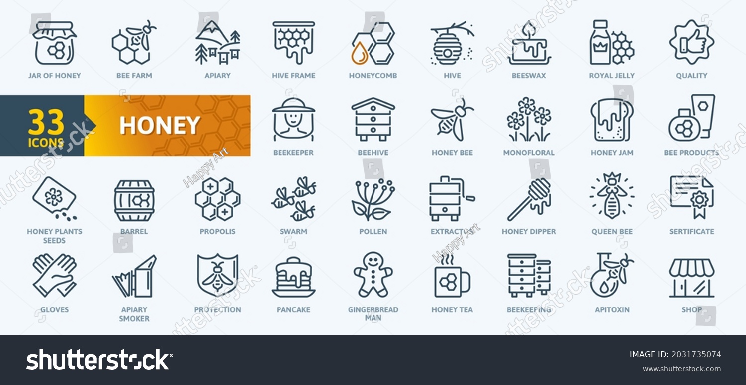 Honey, Apiary, Beekeeping - thin line web icon set. Contains such Icons as Beekeeper, Beehives, Propolis, Bee Farm and more. Outline icons collection. Simple vector illustration. #2031735074