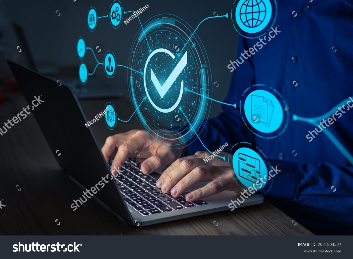 Quality Assurance and certification. Certified internet businesses and services. Compliance to international standards and regulations. Concept with consultant in QA management working on computer. #2031803537