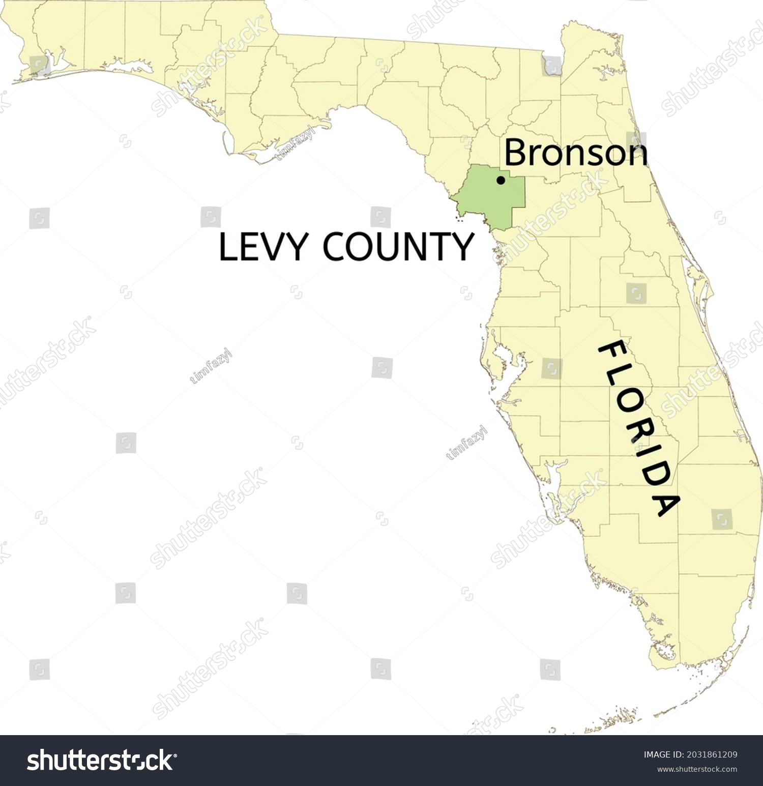 Levy County And Town Of Bronson Location On Royalty Free Stock Vector 2031861209