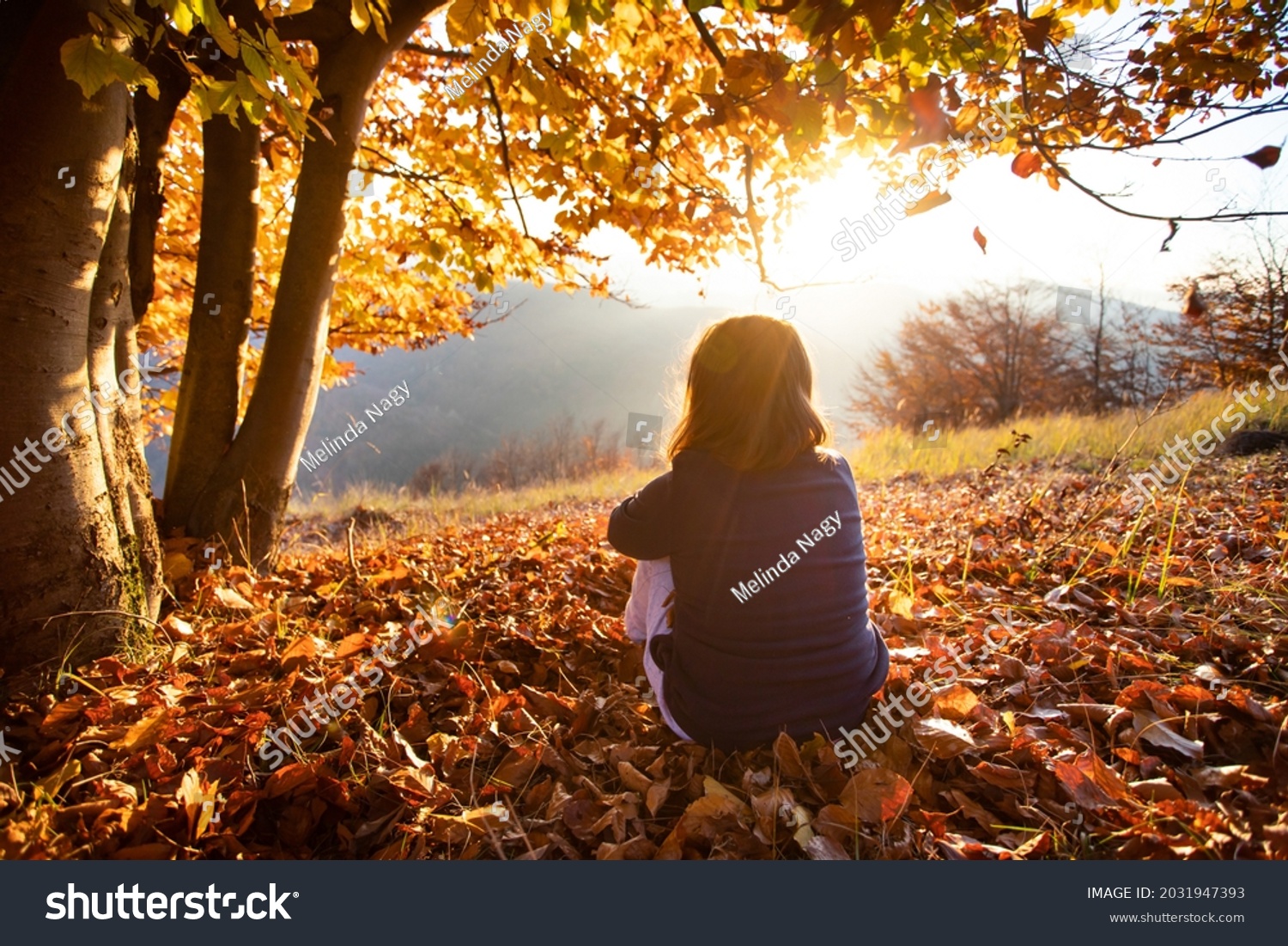 Little girl in magic autum landscape in the sunset. Enjoying, traveling in autumn concept. #2031947393