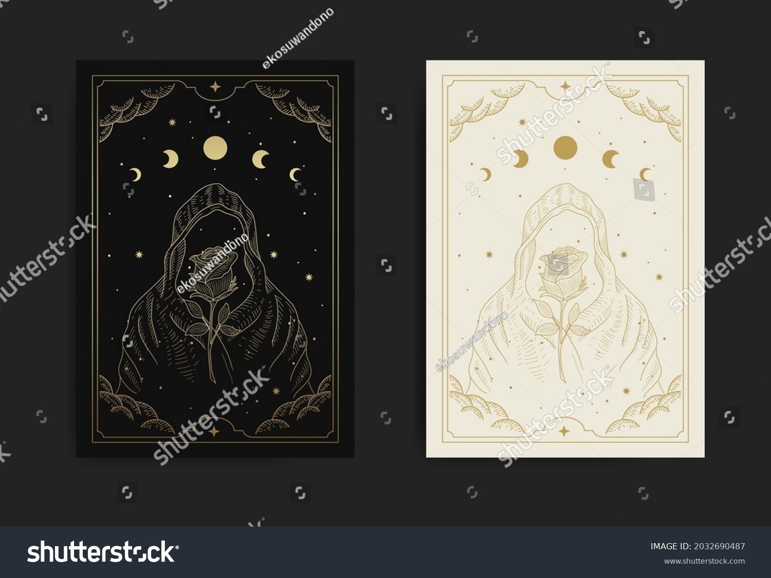 Wizard and rose in the night sky in engraving, luxurious, esoteric, boho style. Suitable for spiritualists, psychics, tarot, fortune tellers, astrologers and tattoo #2032690487