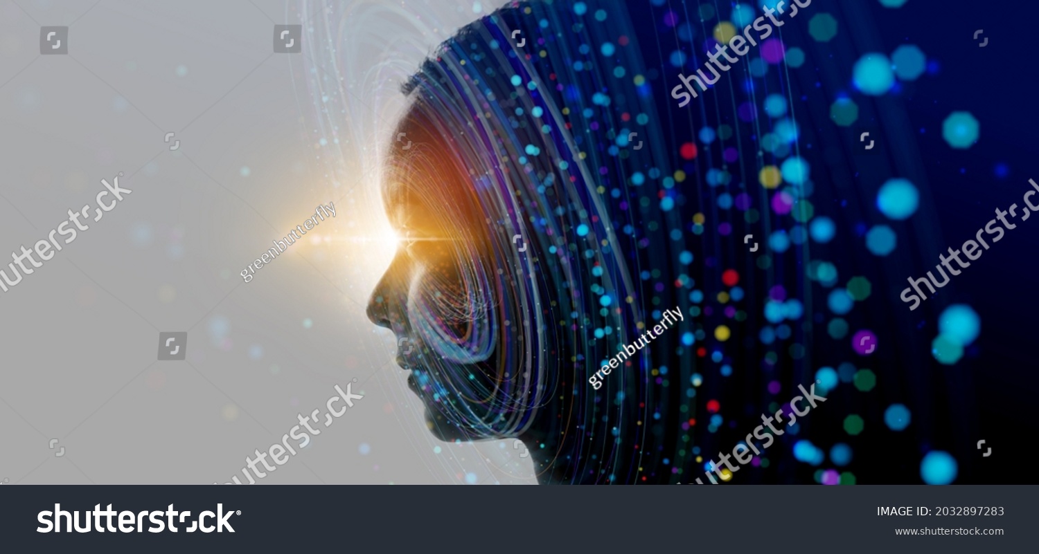Double exposure of business woman and Big Data concept. Digital neural network.Introduction of artificial intelligence. Cyberspace of future.Science and innovation of technology. #2032897283