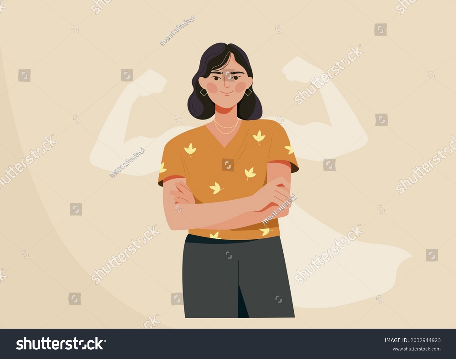 Strong woman concept. Confident, happy female character with shadow showing off her biceps. Metaphor for feminism and independence. Cartoon flat vector illustration isolated on beige background #2032944923