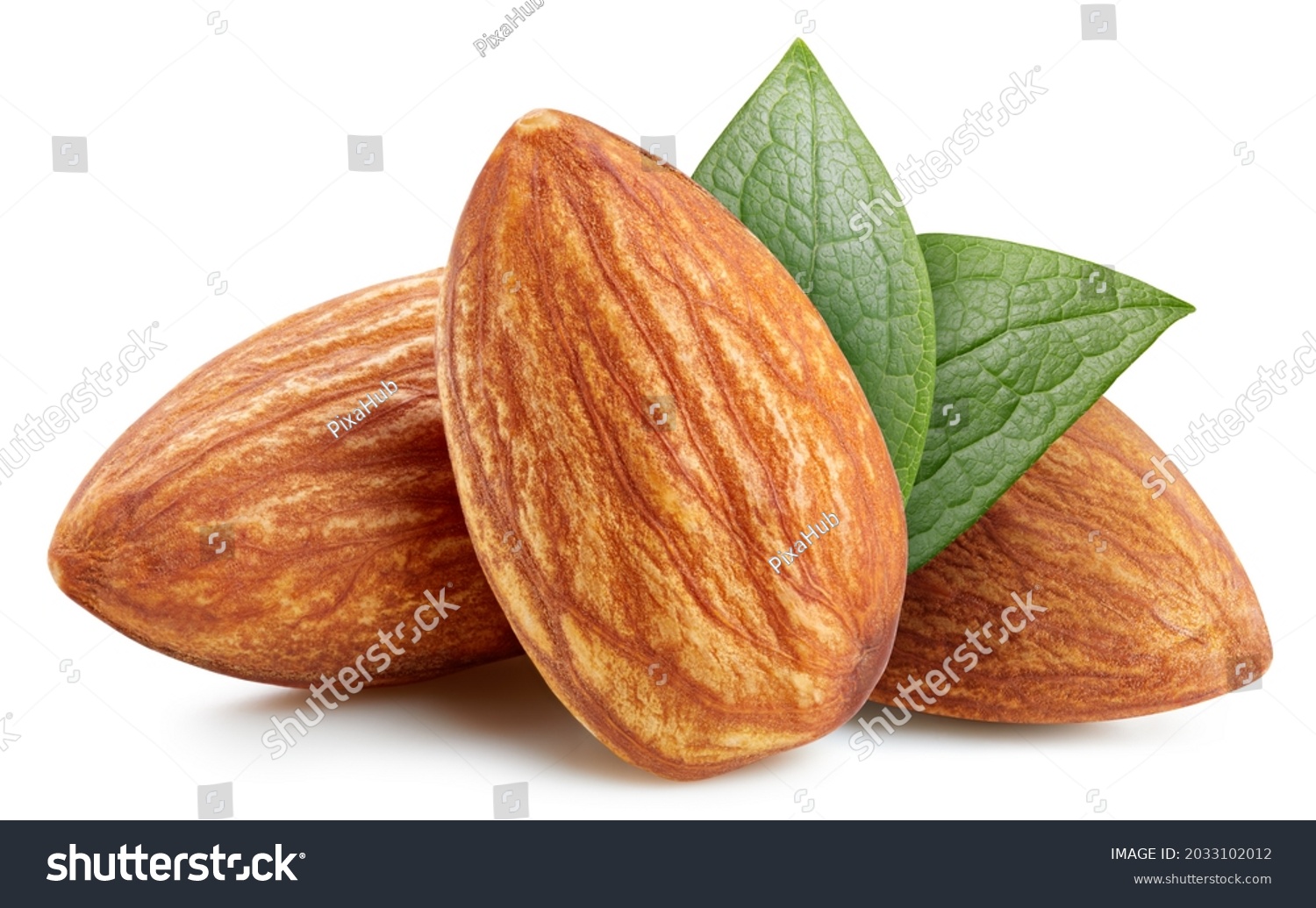 Almond raw piece. Almond full macro shoot nuts healthy food ingredient on white isolated. Almond Clipping path #2033102012