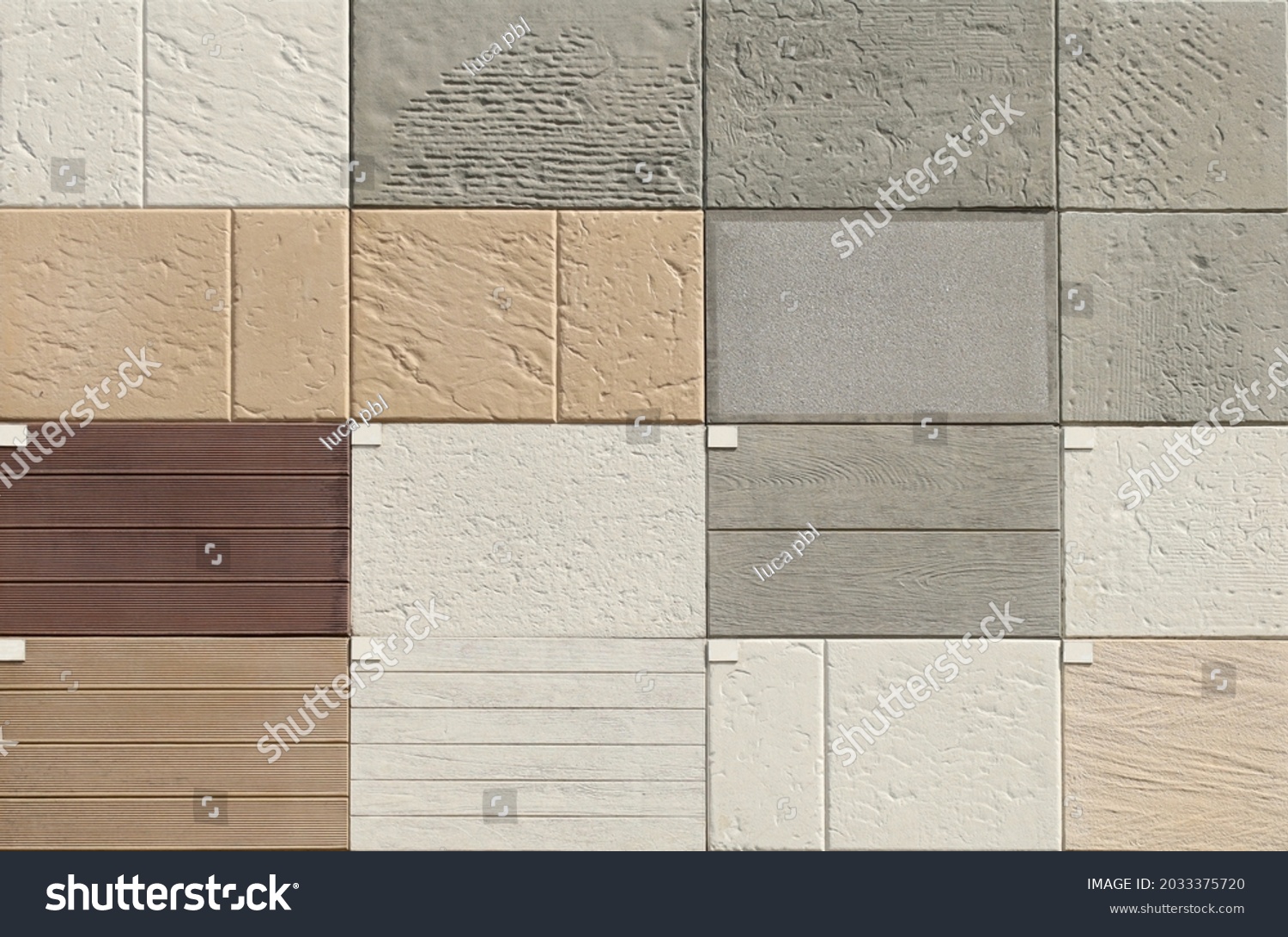 Samples of outdoor floor tiles of different colors. Materals are stone and stoneware. #2033375720