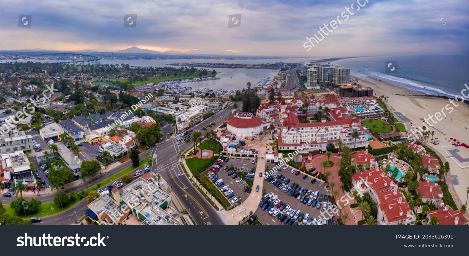 Aerial panorama of Hotel del Coronado and other buildings in Coronado, California. High quality photo #2033626391