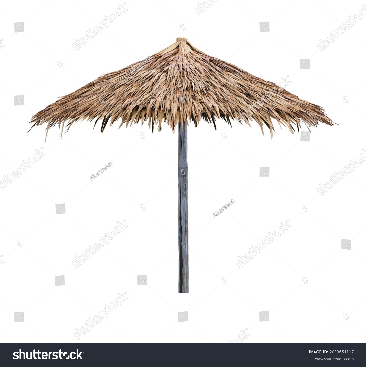 Single beach umbrella parasol made of coconut leaf isolated on white background with clipping path #2033651117