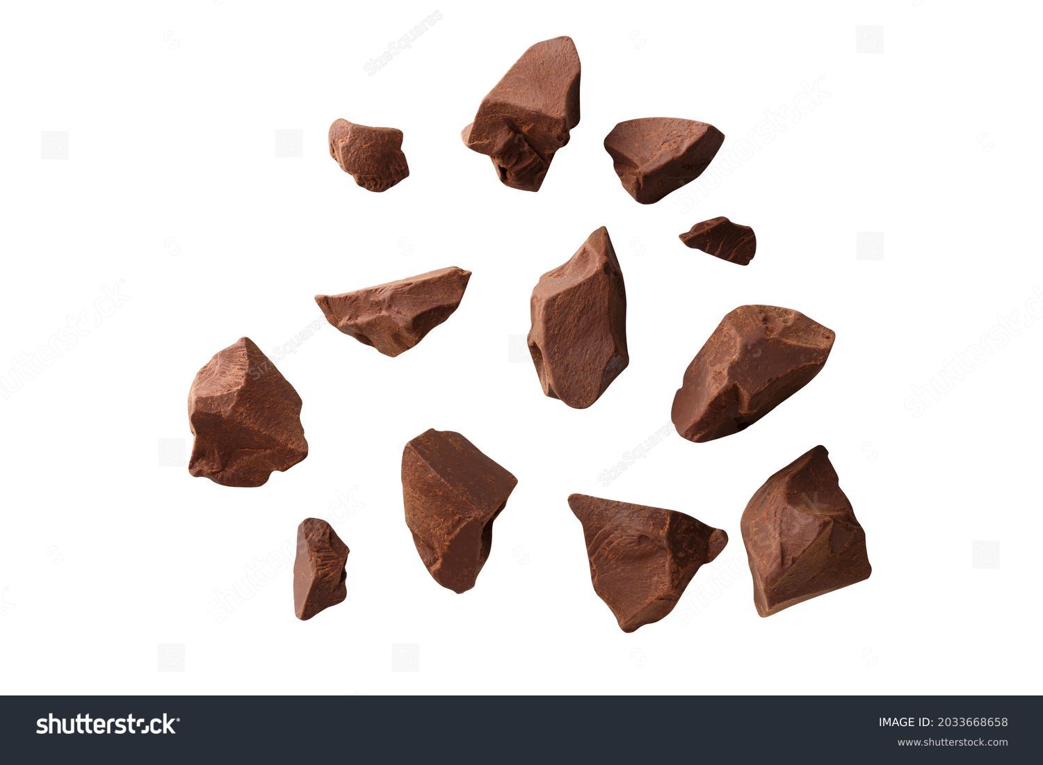 piece of chocolate explosion  isolated  on white background  with clipping path. Full depth of field. #2033668658