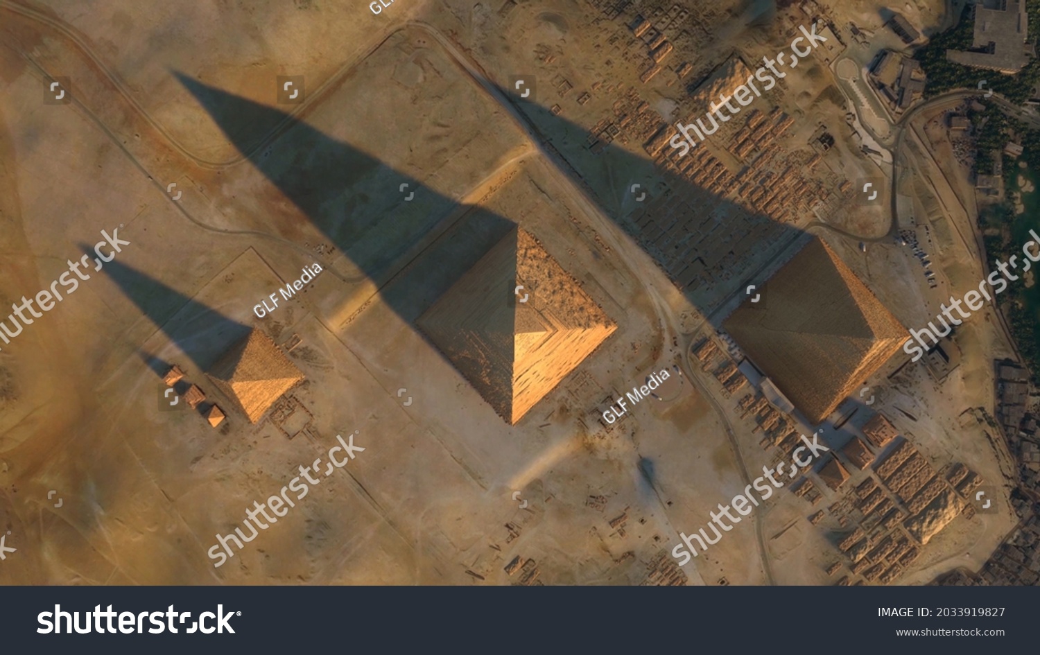 Aerial top down view of Giza Pyramid Complex also called Necropolis is site on the Plateau in Greater Cairo Egypt screenshot of high resolution animation #2033919827