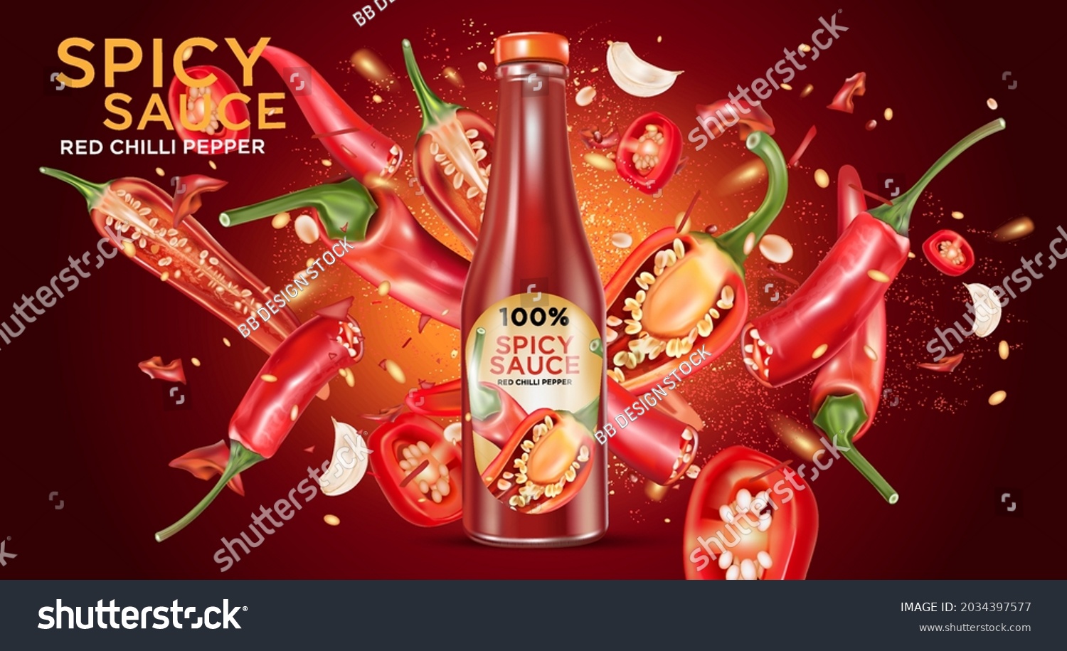 Red chili pepper bottle sauce with chili splashing elements isolated on dark color background, Vector realistic in 3D illustration. #2034397577