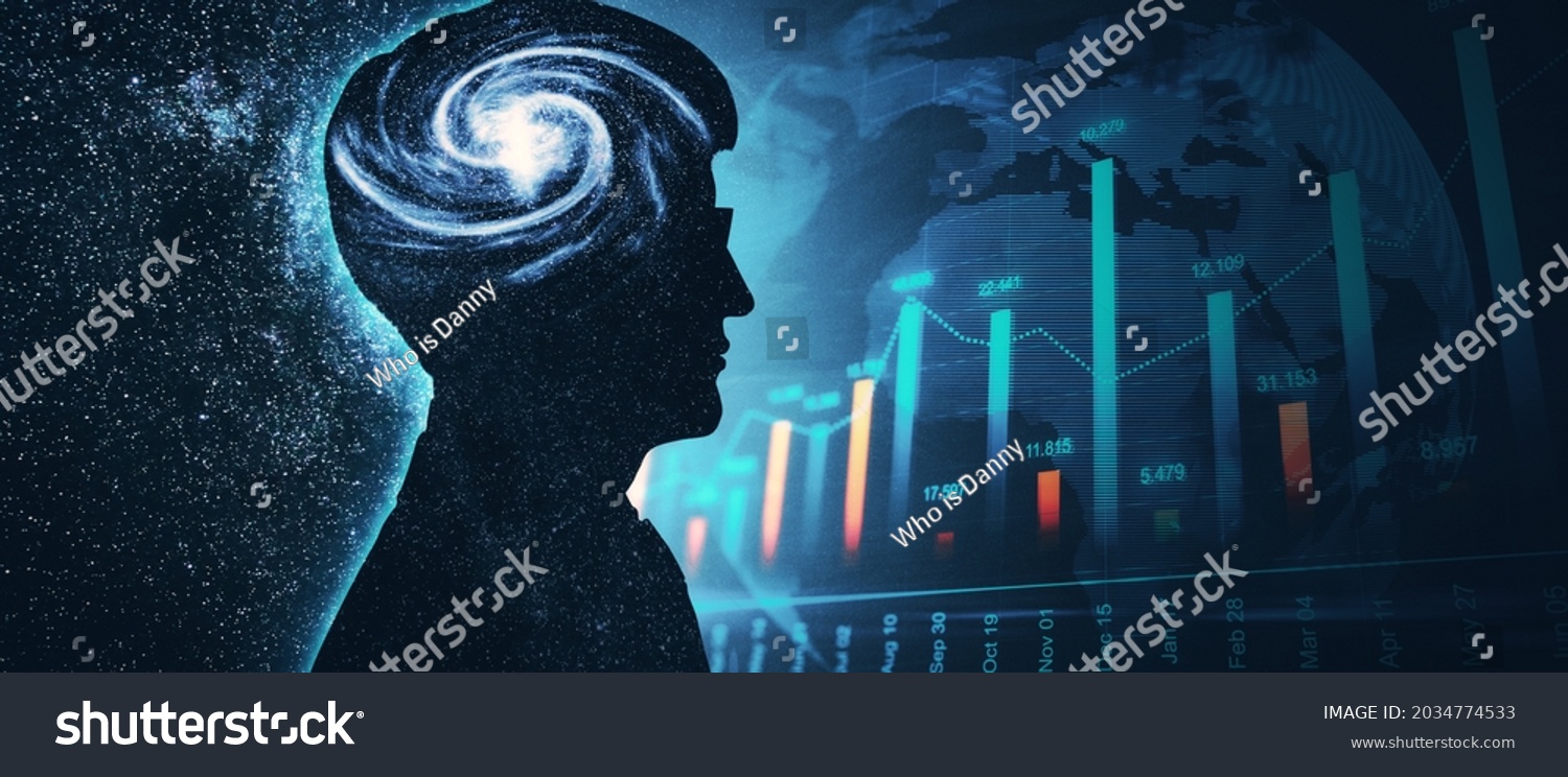 Abstract dark man head space outline with forex chart. Brainstorm and trade concept #2034774533