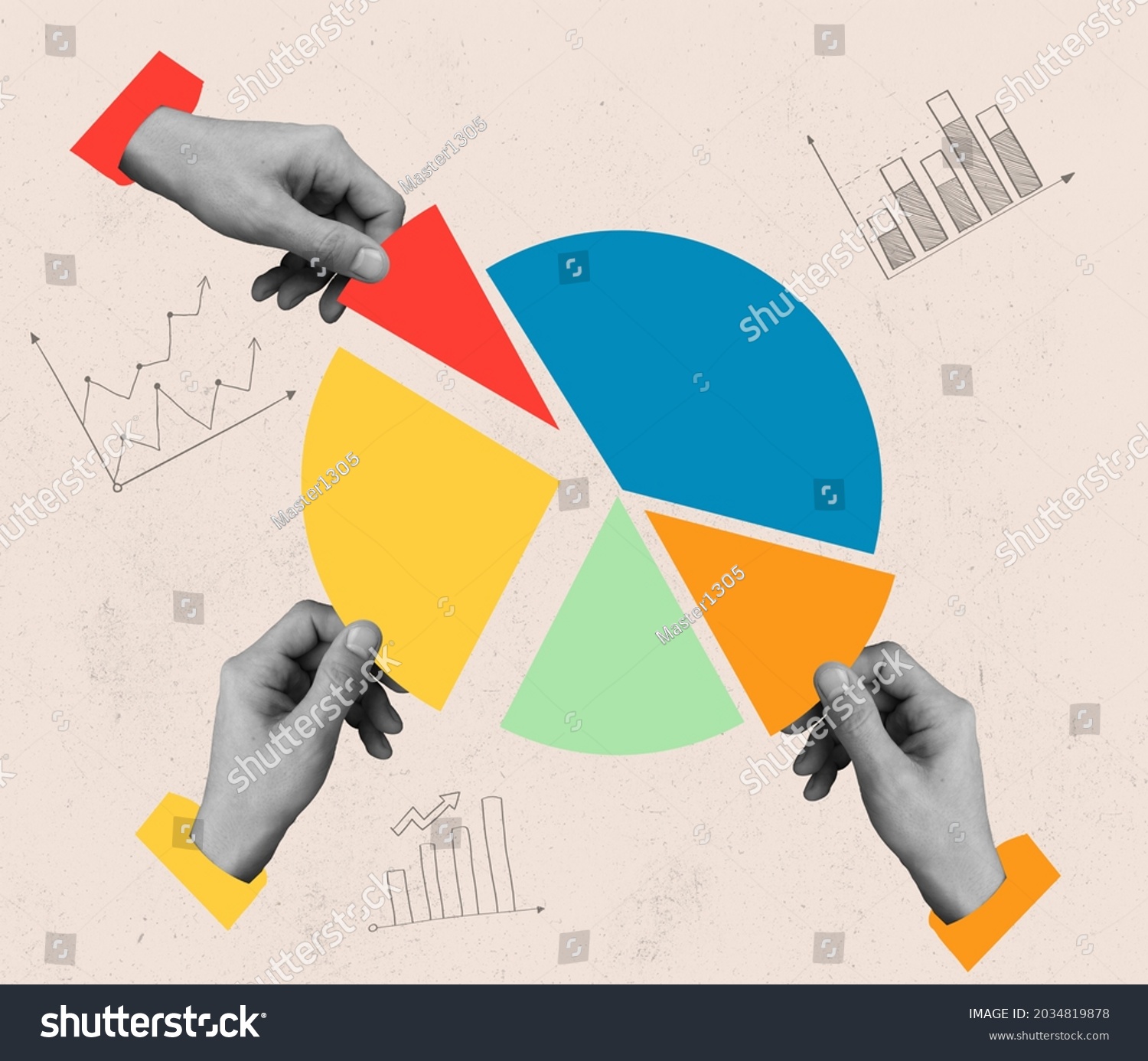 Goals, objectives, plans. Human hands control, taking pieces of muclticolored diagram isolated on light background. Contemporary art collage. Inspiration, idea. Concept of work, occupation, business #2034819878