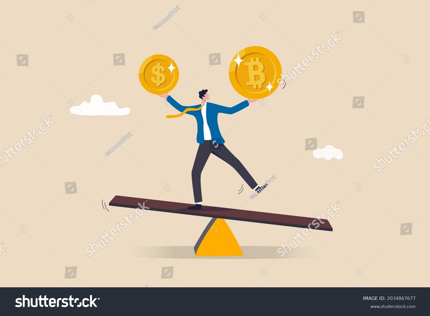 Investment portfolio with Bitcoin or crypto currency, buy or sell trading, crypto market exchange value concept, businessman investor or trader balance portfolio with dollar coin and bitcoin. #2034867677