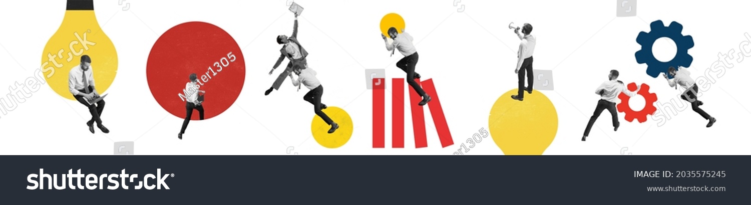 Yellow and red. Contemporary art collage made of shots of young man, manager working hardly isolated over white background, Trendy bright colors. Concept of business lifestyle, finance, career #2035575245