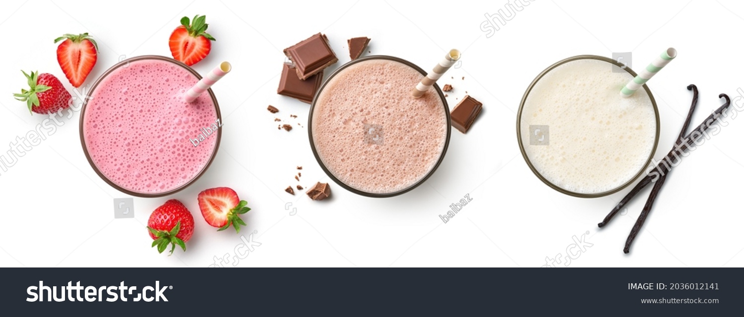 Set of fresh various delicious milkshakes or smoothies, top vies, isolated on white background. Strawberry, vanilla and chocolate flavor #2036012141