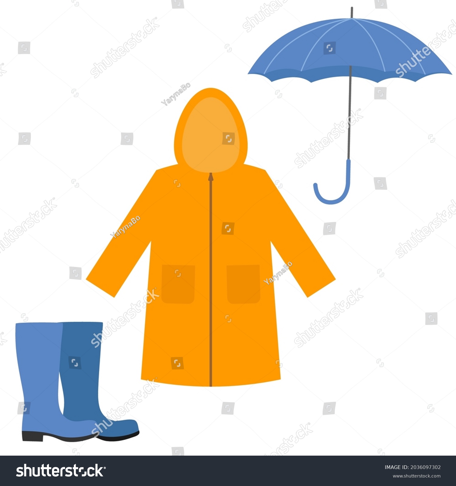 Raincoat, rubber boots, open umbrella. Set of Royalty Free Stock