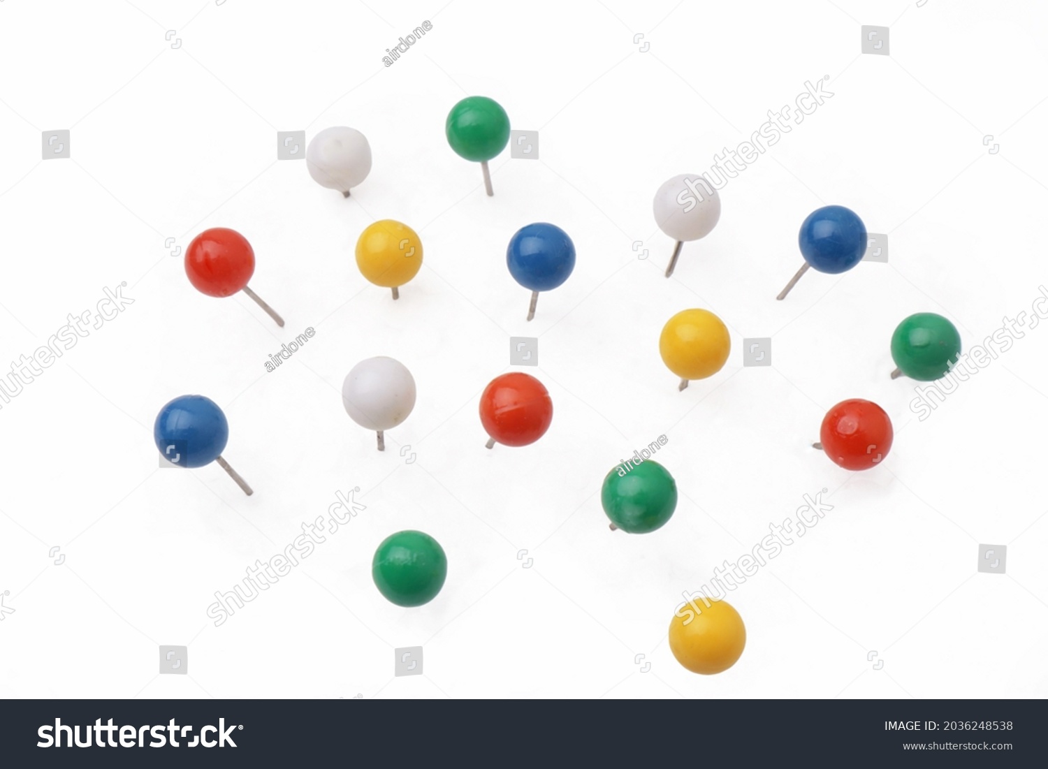 Colorful push pin thumbtack paper clip office business supplies isolated on white #2036248538