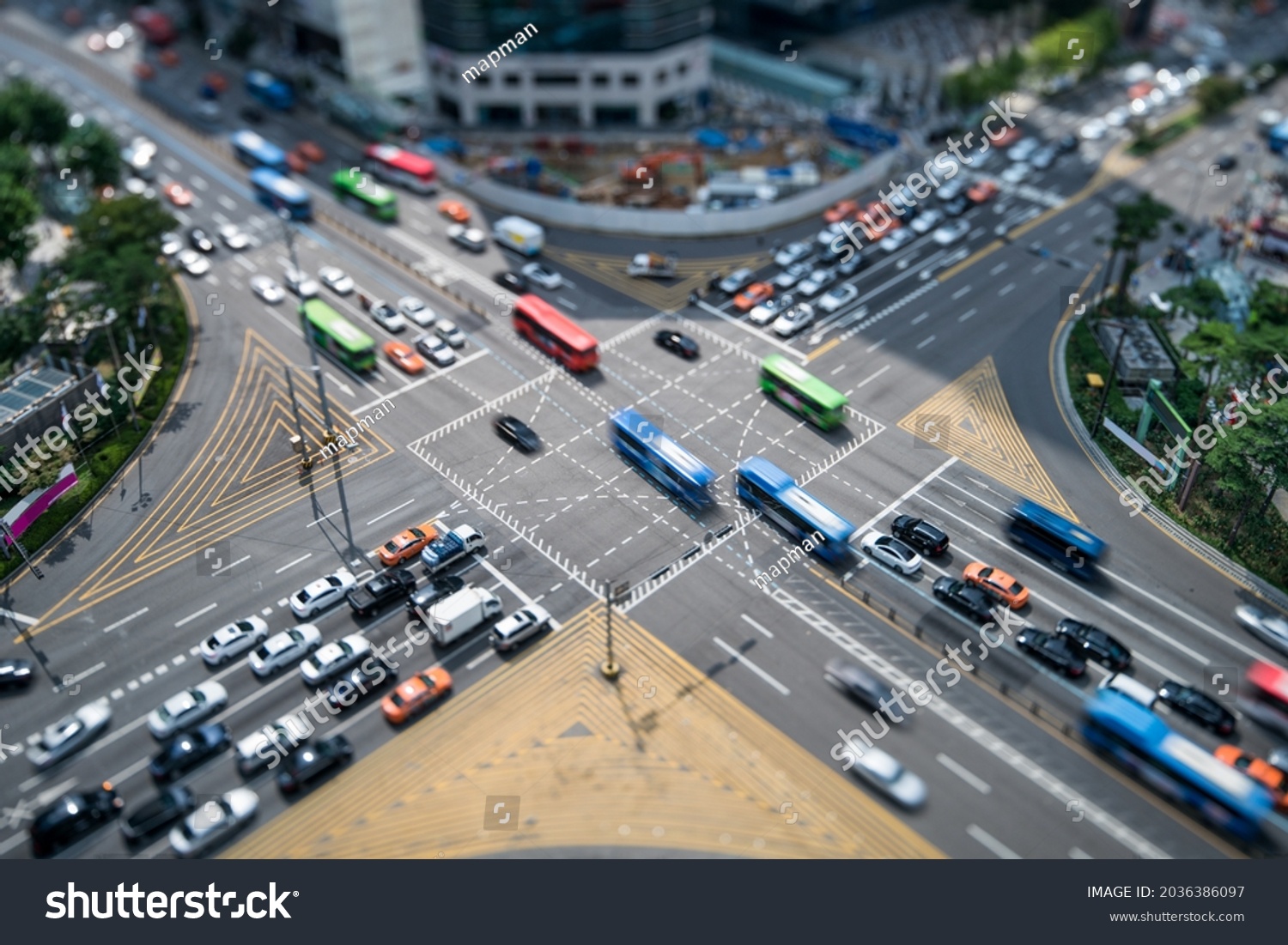 Aerial view of a busy intersection road in Gangnam, Seoul, South Korea #2036386097