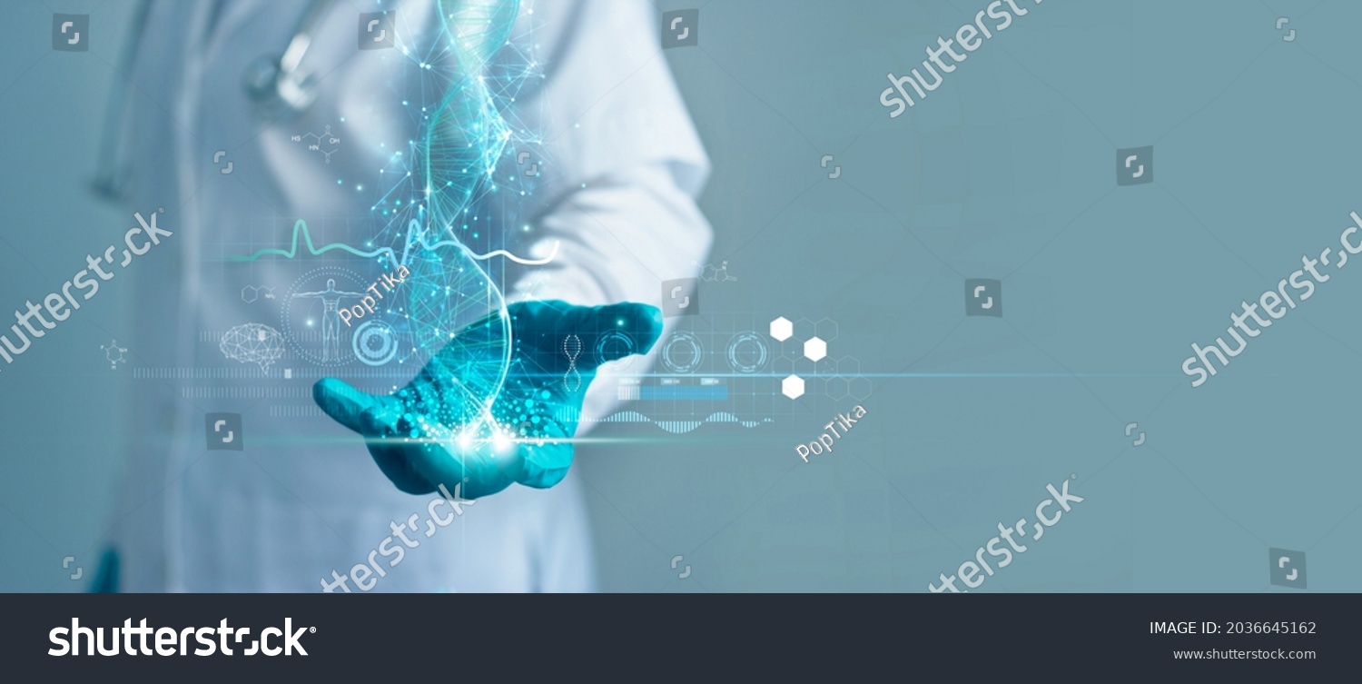Medicine doctor holding blue helix DNA structure on hologram modern virtual screen interface and diagnose  healthcare on digital network, Science, Medical technology and futuristic concept.  #2036645162
