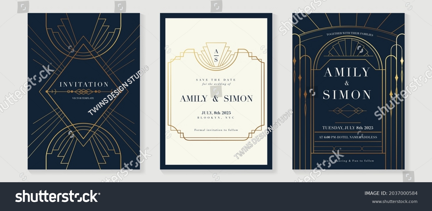 Art deco wedding invitation card vector. Luxury classic antique cards design for VIP invite, Gatsby invitation gold, Fancy party event, Save the date card and Thank you card. Vector illustration. #2037000584