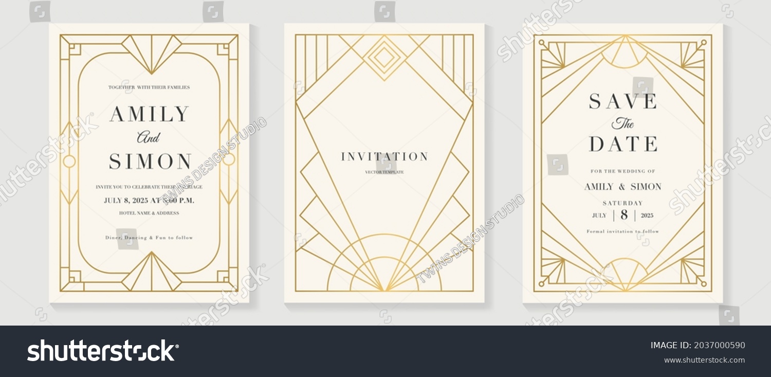 Art deco wedding invitation card vector. Luxury classic antique cards design for VIP invite, Gatsby invitation gold, Fancy party event, Save the date card and Thank you card. Vector illustration. #2037000590