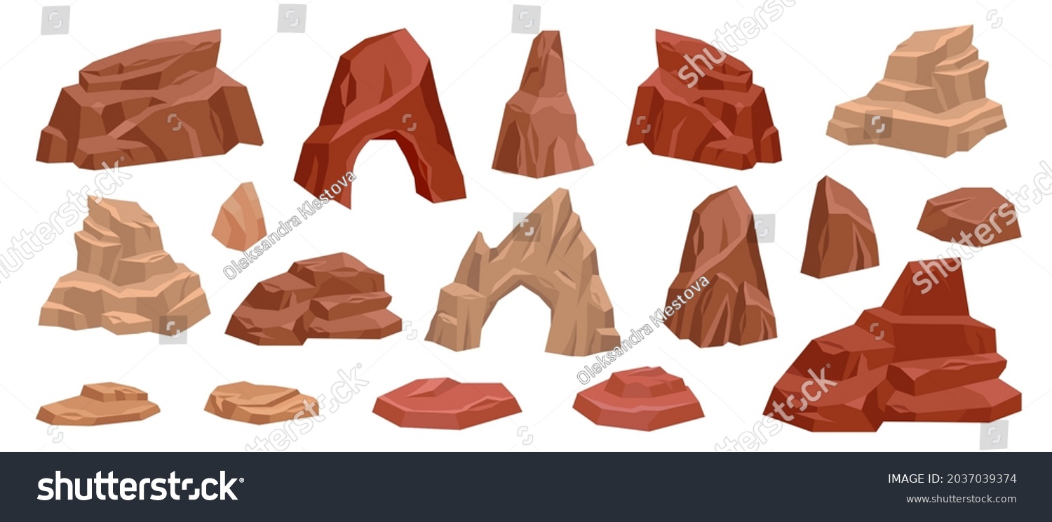 Desert rock cartoon vector set, stone canyon landscape illustration, red Mexico arch boulder dry cliff. Game nature environment design element, brown drought cracked mountain. Western land desert rock #2037039374