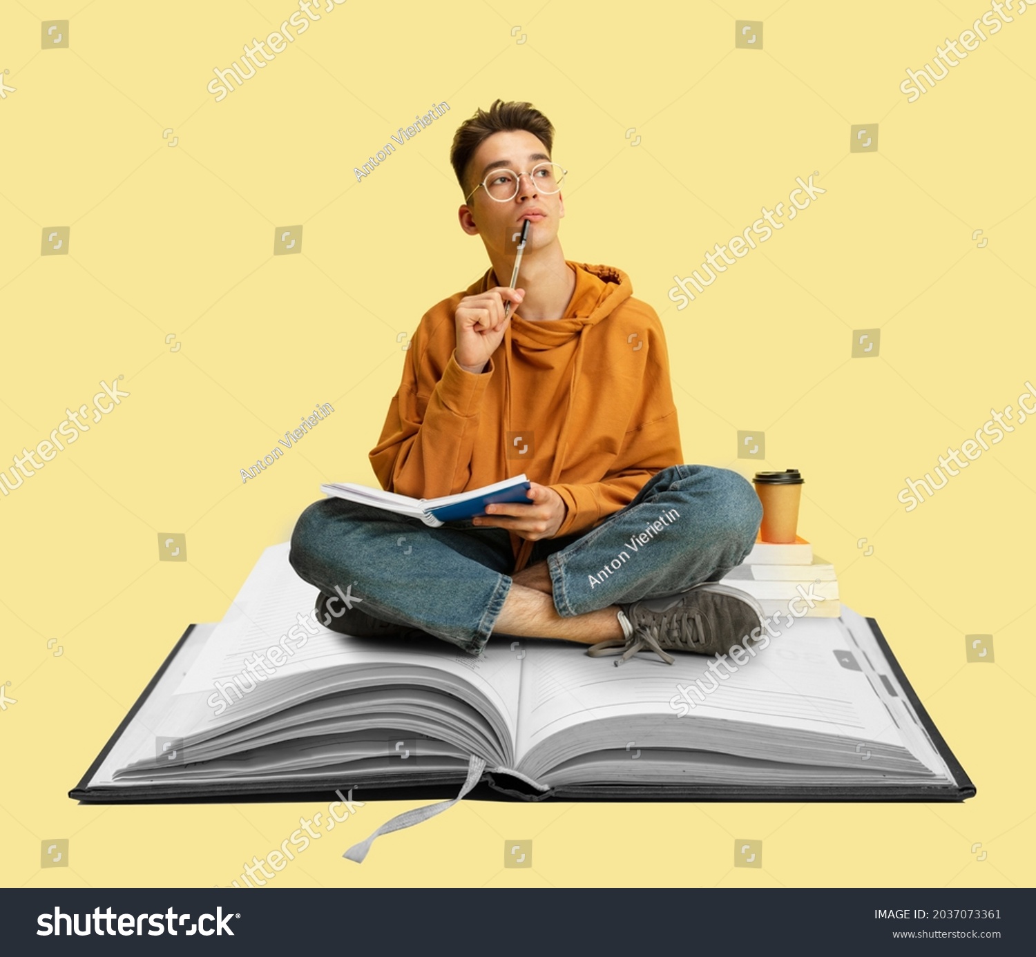 Contemporary art collage of male student sitting on notebook and thinking, making notes. Importance of education. Support online schools. Concept of online study, education, ad #2037073361